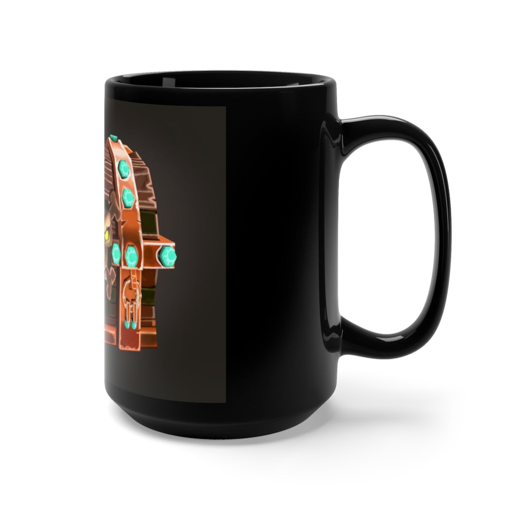 Bone Chest Black Mug 15oz, featuring a sleek black ceramic design with rounded corners and a comfortable C-handle.