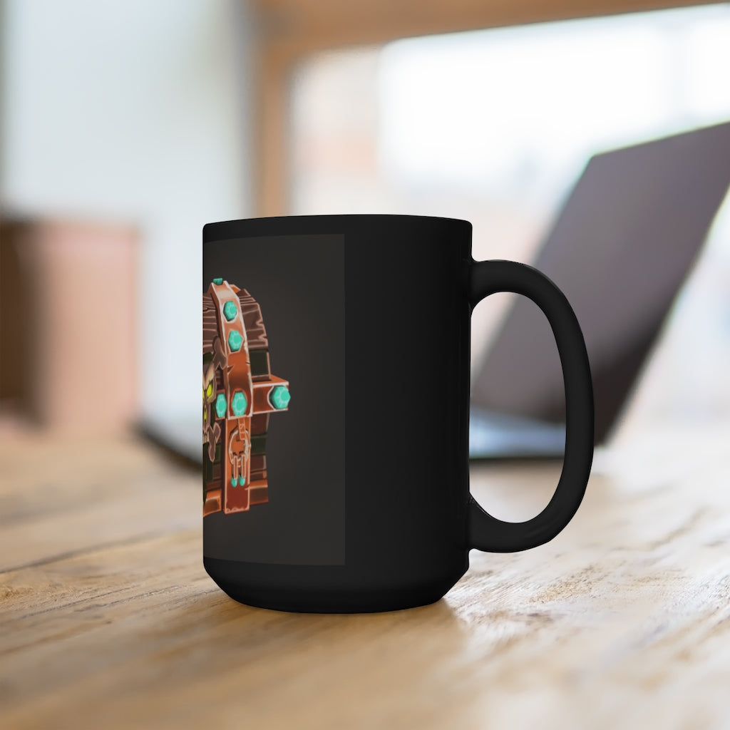 Bone Chest Black Mug 15oz, featuring a sleek black ceramic design with rounded corners and a comfortable C-handle.