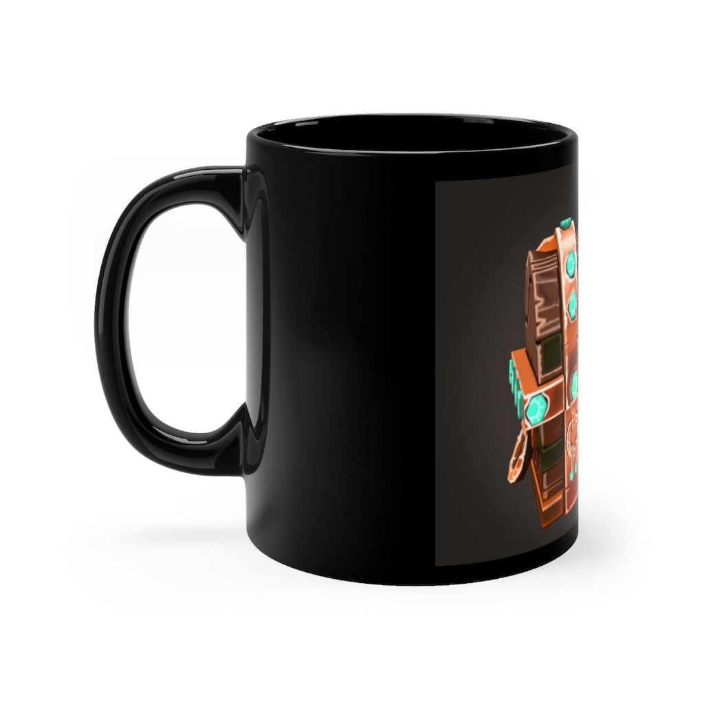 Bone Chest Black mug, 11oz capacity, featuring a sleek black ceramic design with rounded corners and a comfortable C-handle.