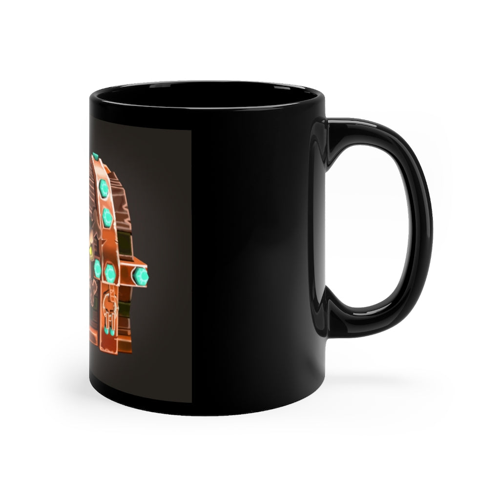 Bone Chest Black mug, 11oz capacity, featuring a sleek black ceramic design with rounded corners and a comfortable C-handle.