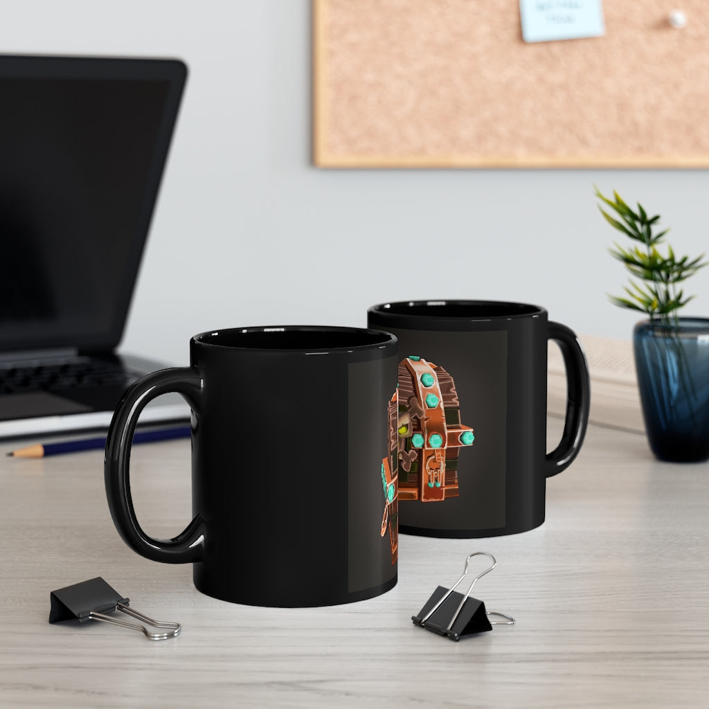 Bone Chest Black mug, 11oz capacity, featuring a sleek black ceramic design with rounded corners and a comfortable C-handle.