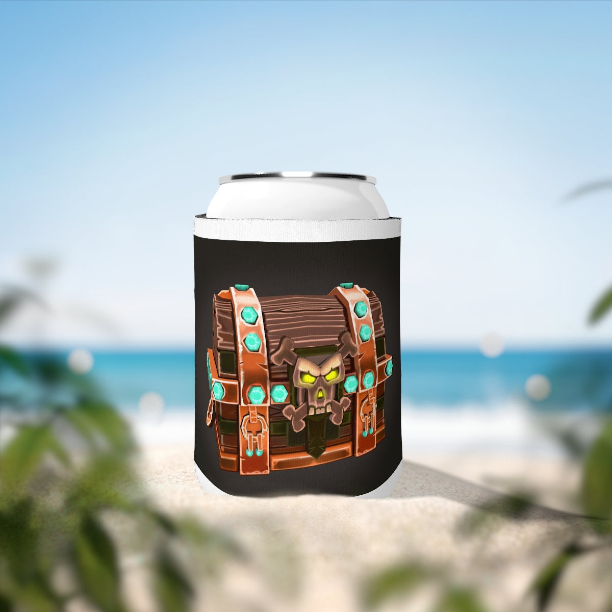 Bone Chest Can Cooler Sleeve made of durable neoprene, designed to fit standard 12 oz cans, featuring a customizable design.