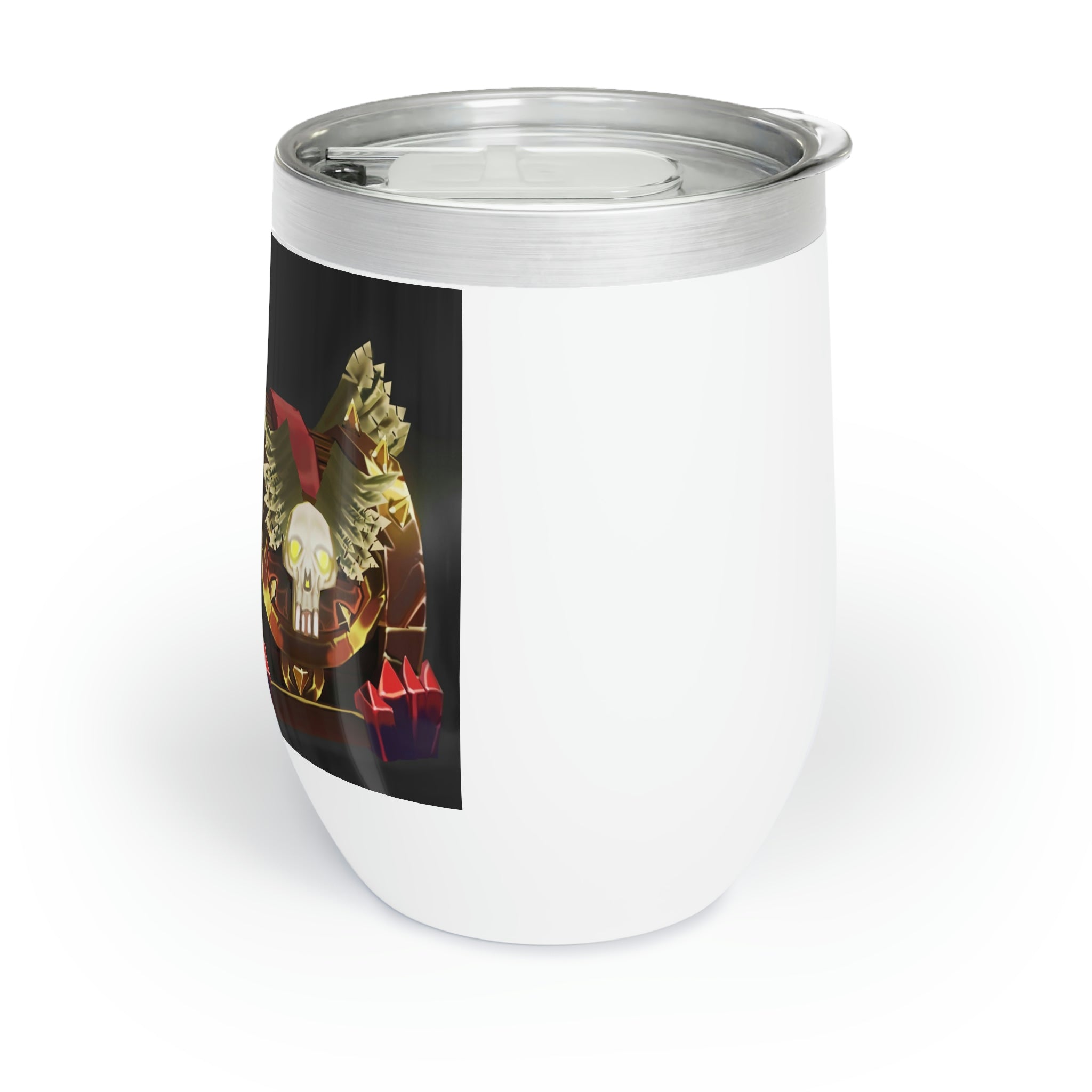 Bone Chest Chill Wine Tumbler in stainless steel with custom design options, showcasing its double-insulated walls and stemless design.