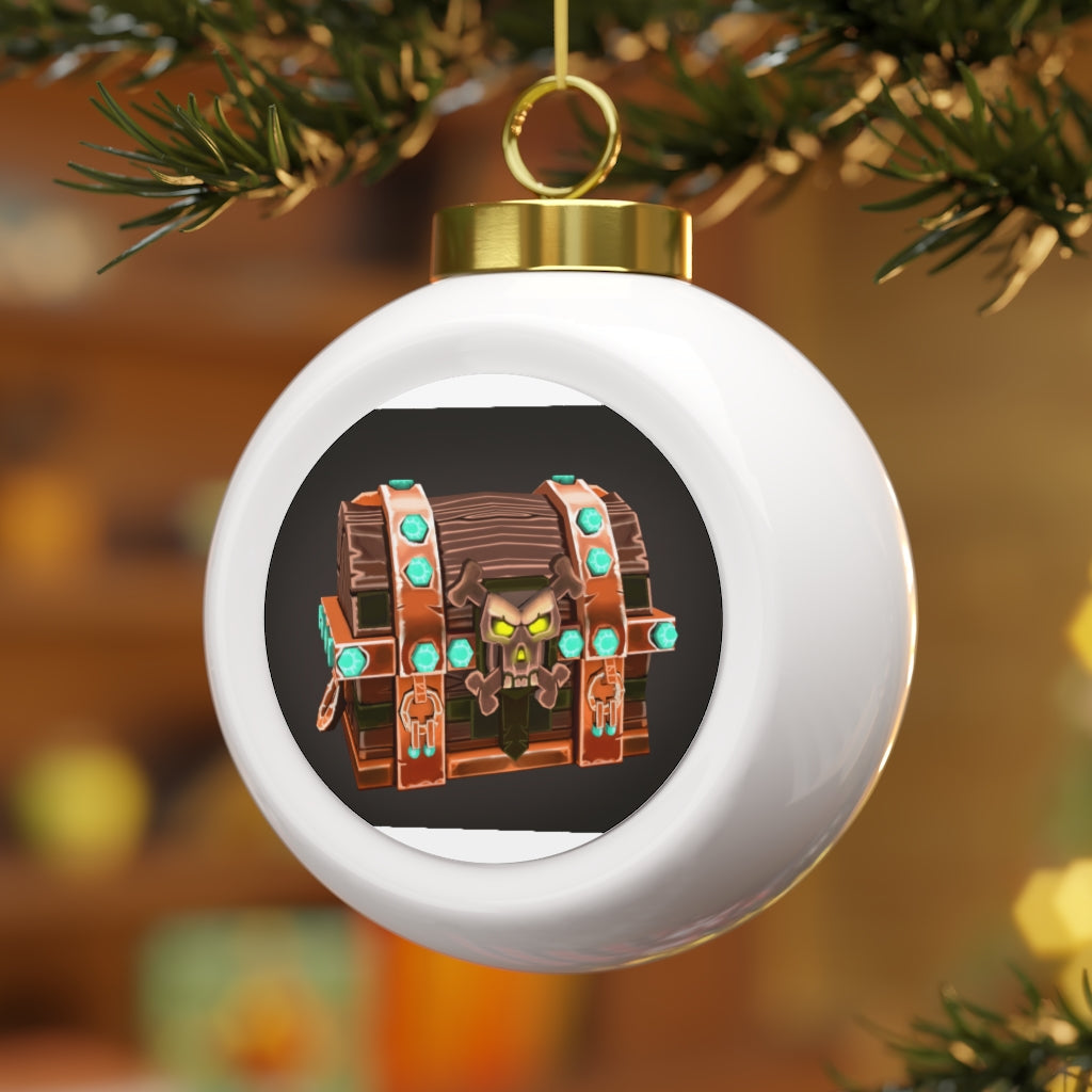 A beautiful 3-inch Bone Chest Christmas Ball Ornament with a glossy finish and gold ribbon, featuring a vintage design and customizable metal insert.