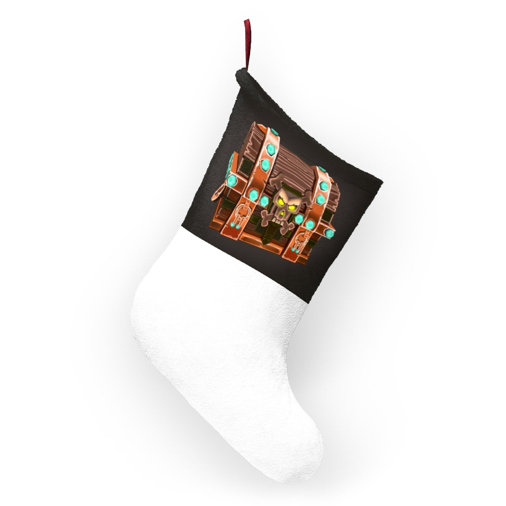 Personalized Bone Chest Christmas Stockings hanging by a fireplace, showcasing custom prints and festive design.