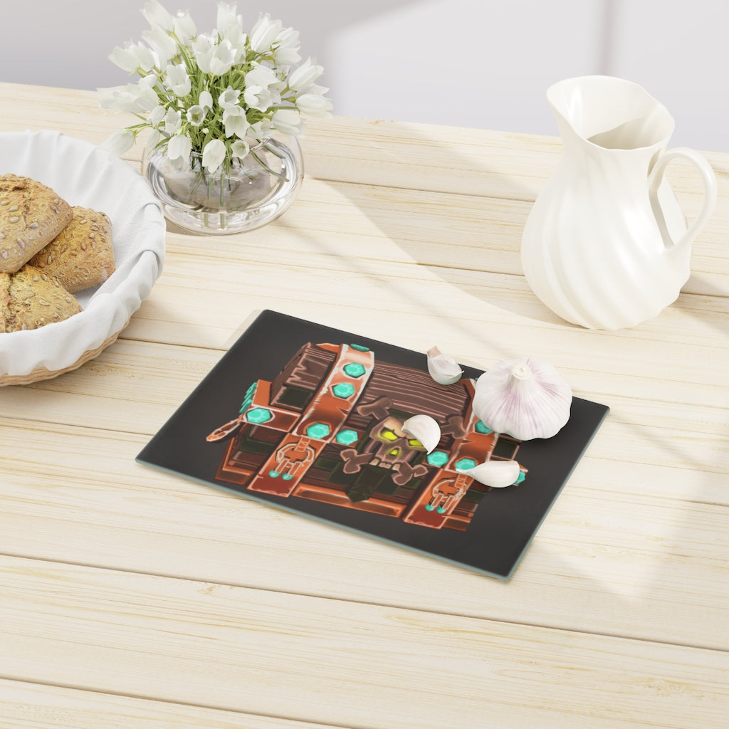 Bone Chest Cutting Board made of tempered glass with rubber dots for stability, showcasing a stylish design suitable for any kitchen.