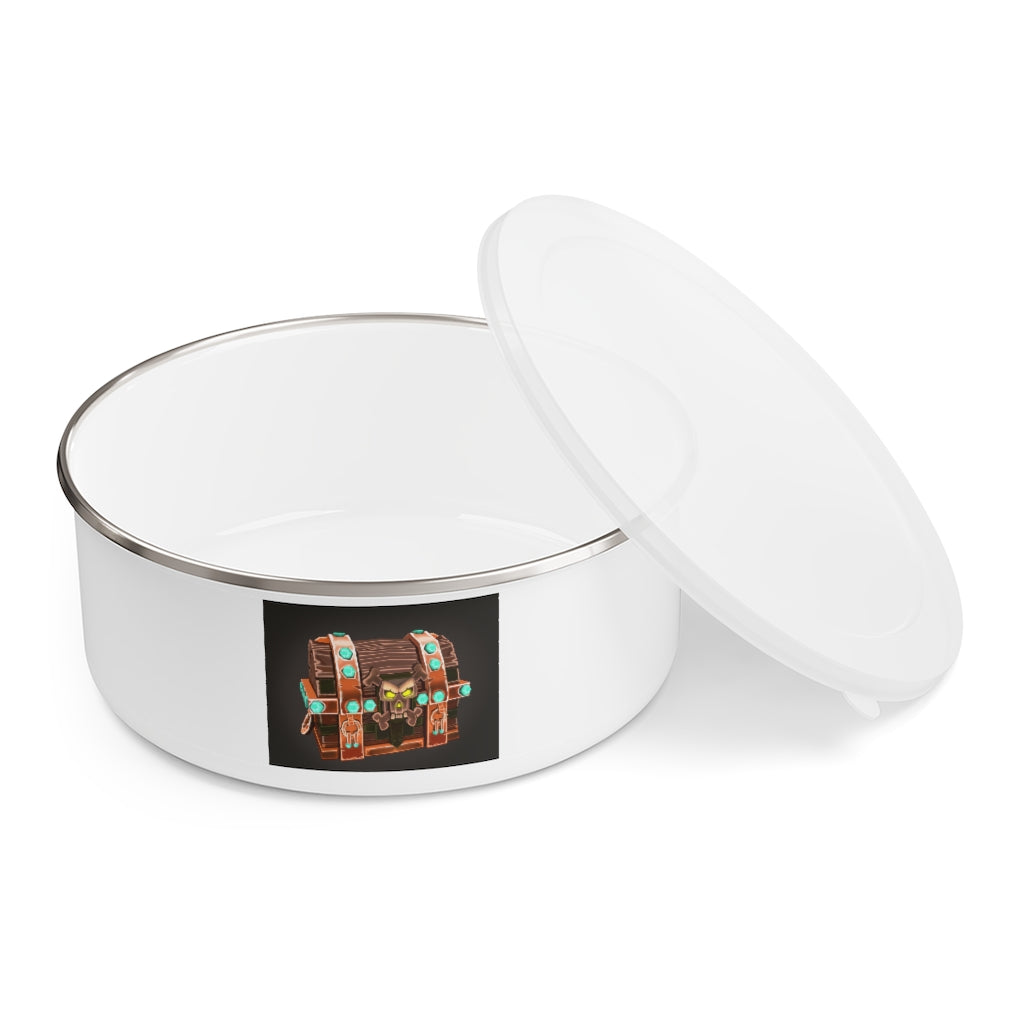 Bone Chest Enamel Bowl made of stainless steel with a translucent lid, showcasing a stylish hipster chic design.