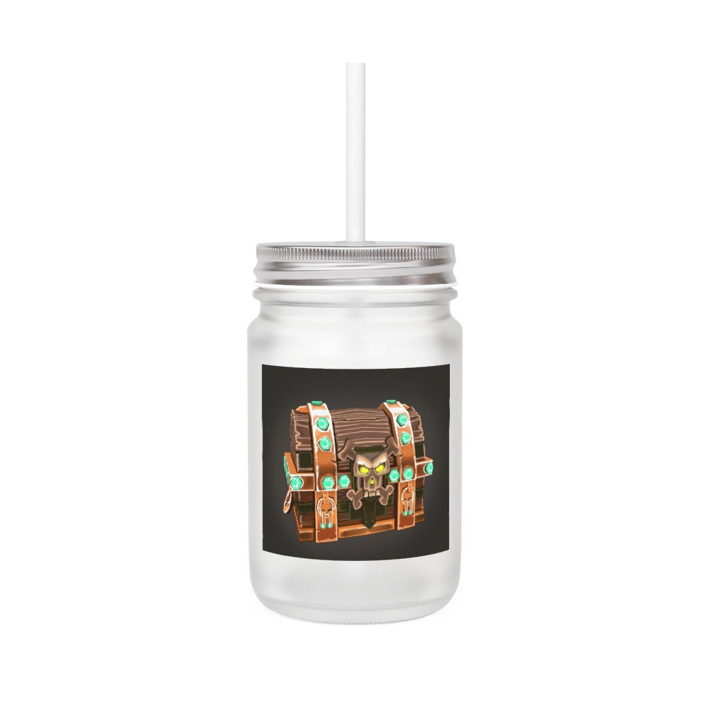 A stylish Bone Chest Mason Jar made of frosted glass, featuring a straw and lid, perfect for personalized drinks.