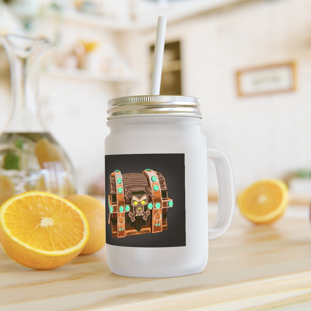 A stylish Bone Chest Mason Jar made of frosted glass, featuring a straw and lid, perfect for personalized drinks.