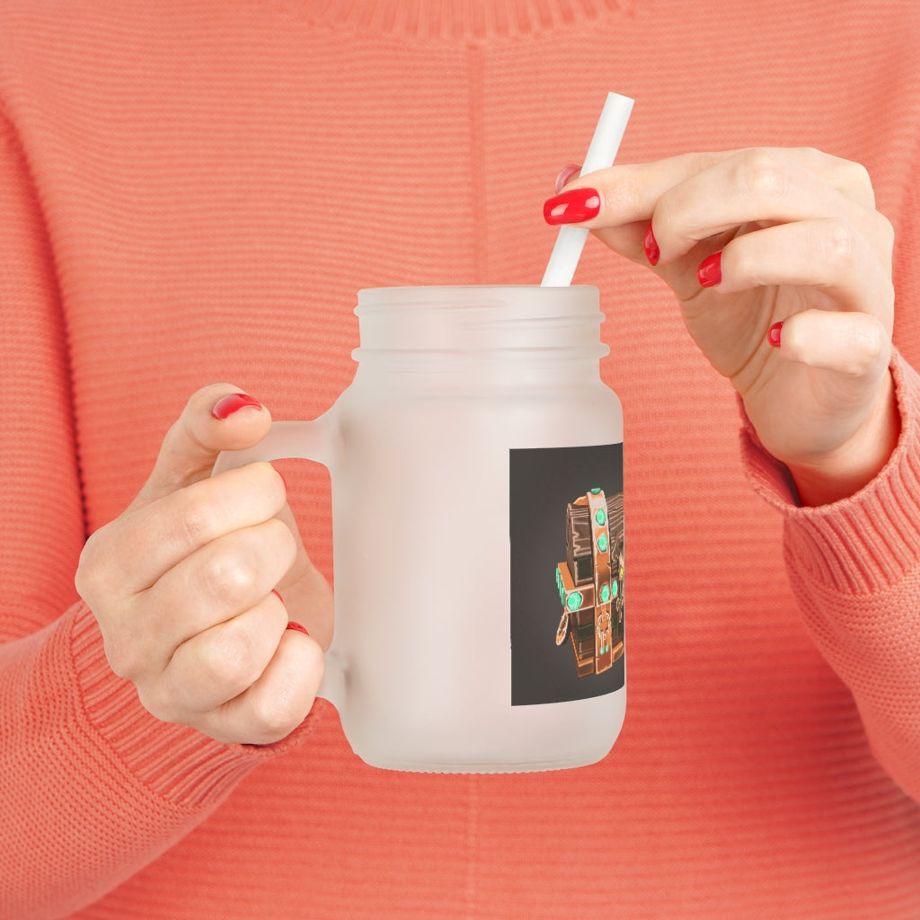 A stylish Bone Chest Mason Jar made of frosted glass, featuring a straw and lid, perfect for personalized drinks.