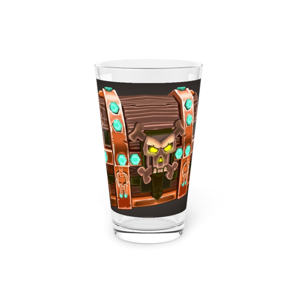 Bone Chest Pint Glass, 16oz, clear glass with customizable design options, perfect for beverages and gifts.