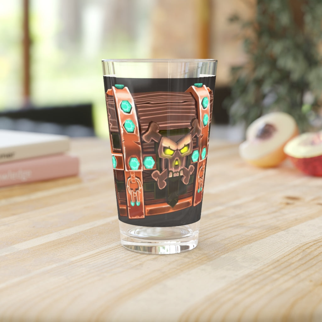 Bone Chest Pint Glass, 16oz, clear glass with customizable design options, perfect for beverages and gifts.