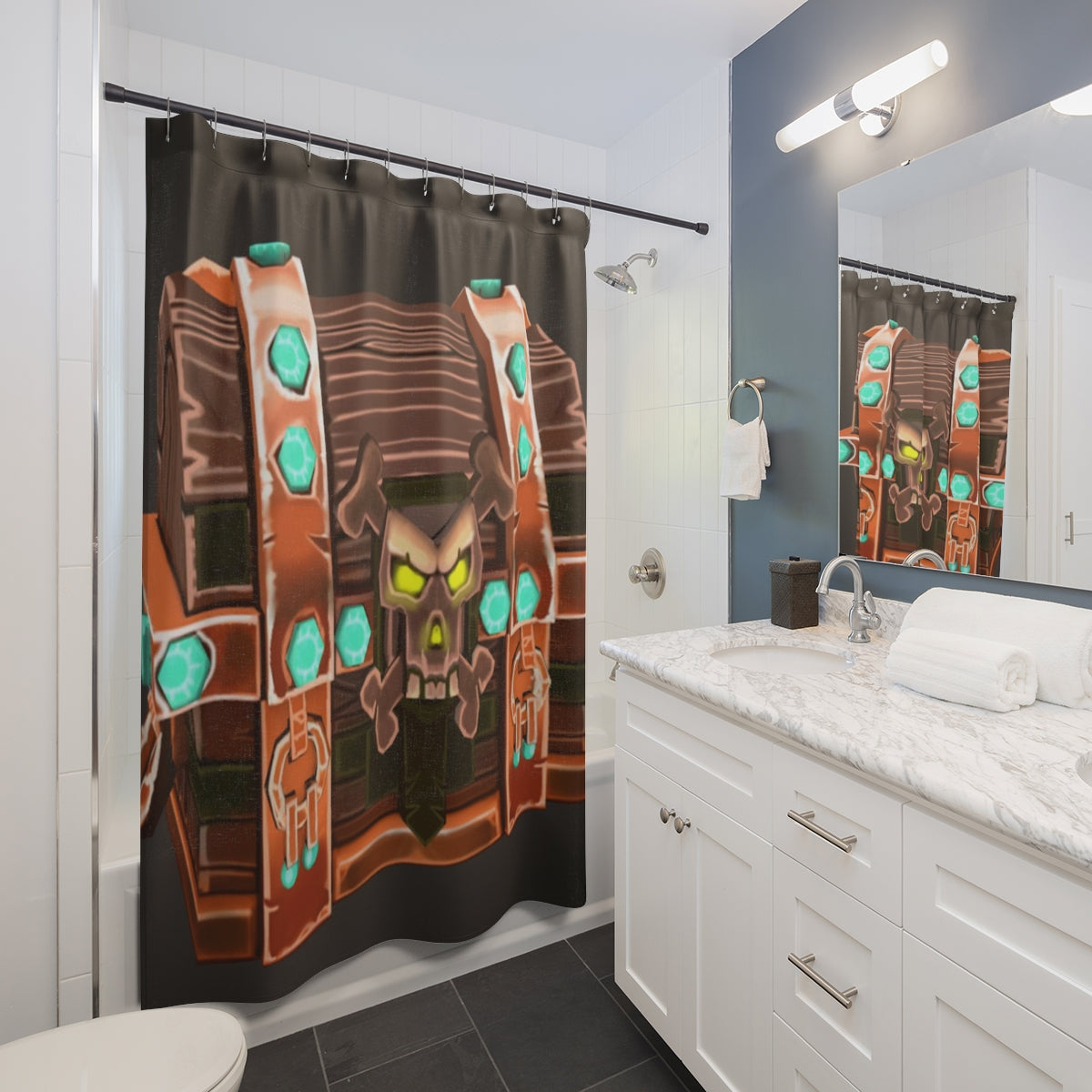 Bone Chest Shower Curtain featuring a vibrant one-sided print on durable polyester material, ideal for personalized bathroom decor.