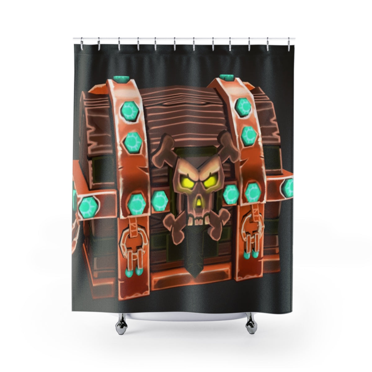 Bone Chest Shower Curtain featuring a vibrant one-sided print on durable polyester material, ideal for personalized bathroom decor.