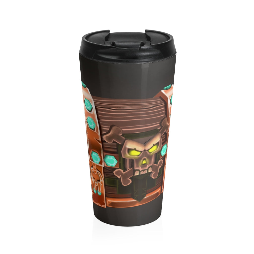 Bone Chest Stainless Steel Travel Mug with black plastic lid, showcasing its sleek design and high-quality sublimation printing.