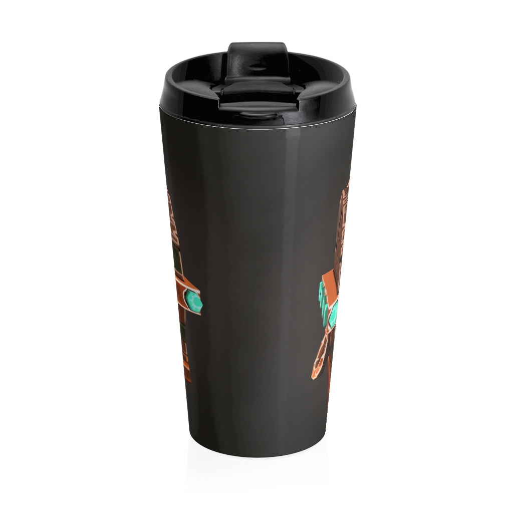 Bone Chest Stainless Steel Travel Mug with black plastic lid, showcasing its sleek design and high-quality sublimation printing.