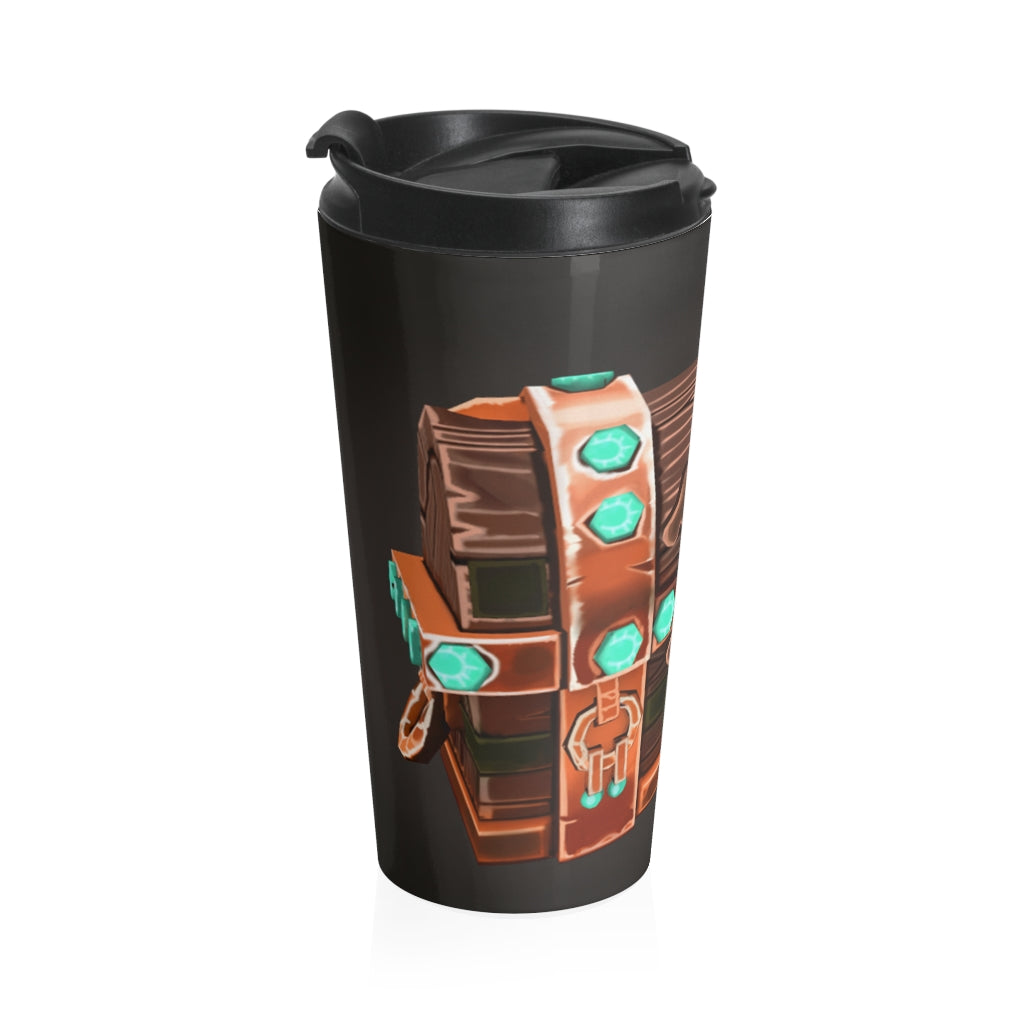 Bone Chest Stainless Steel Travel Mug with black plastic lid, showcasing its sleek design and high-quality sublimation printing.