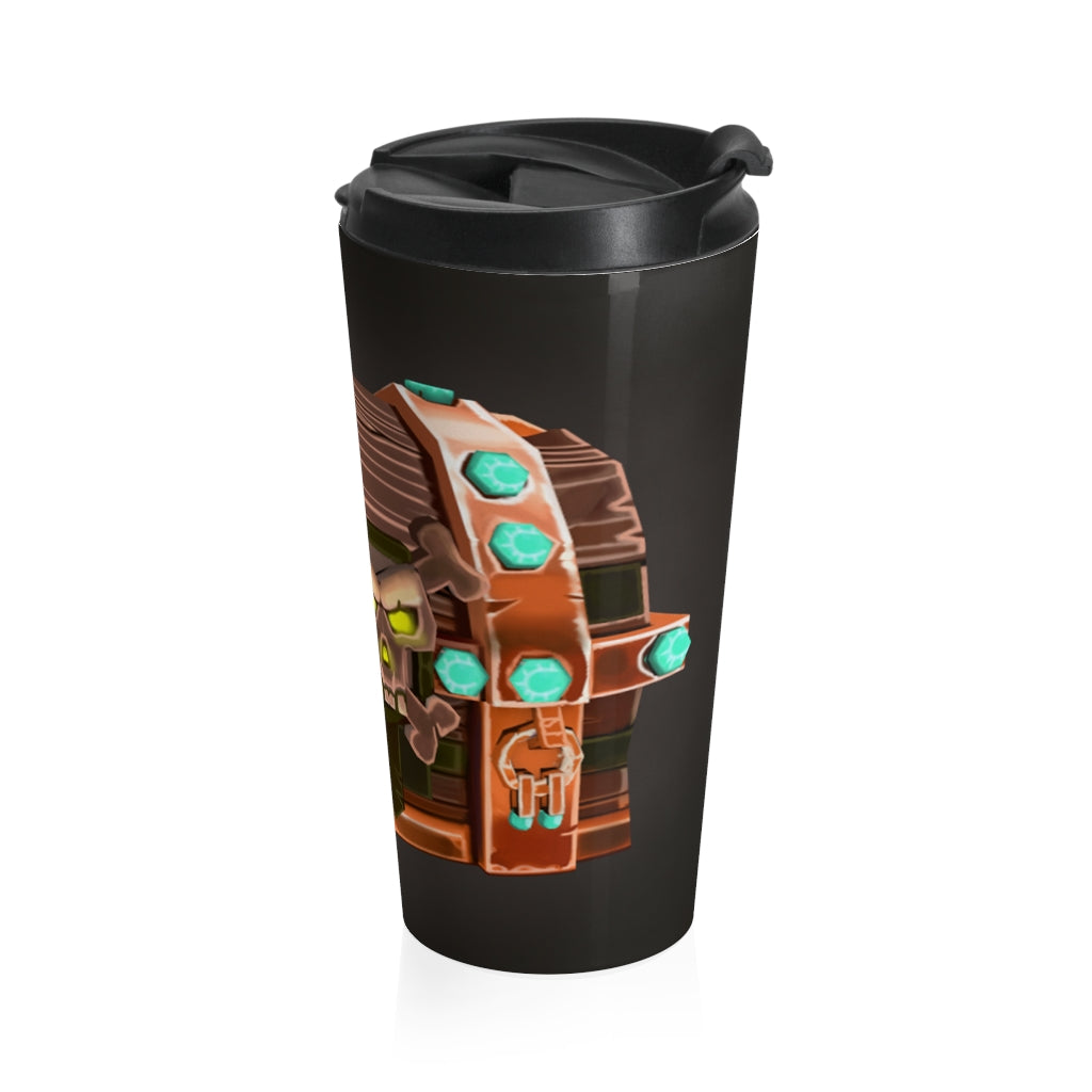 Bone Chest Stainless Steel Travel Mug with black plastic lid, showcasing its sleek design and high-quality sublimation printing.