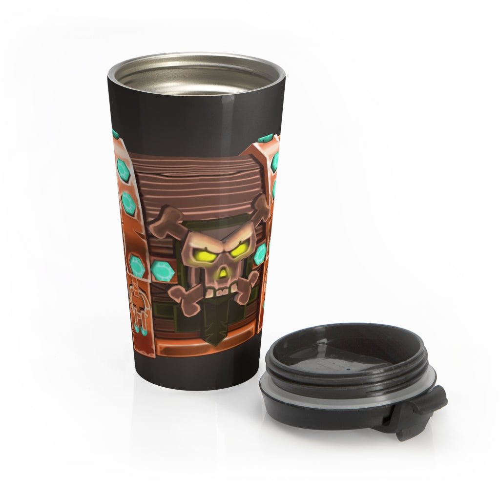 Bone Chest Stainless Steel Travel Mug with black plastic lid, showcasing its sleek design and high-quality sublimation printing.