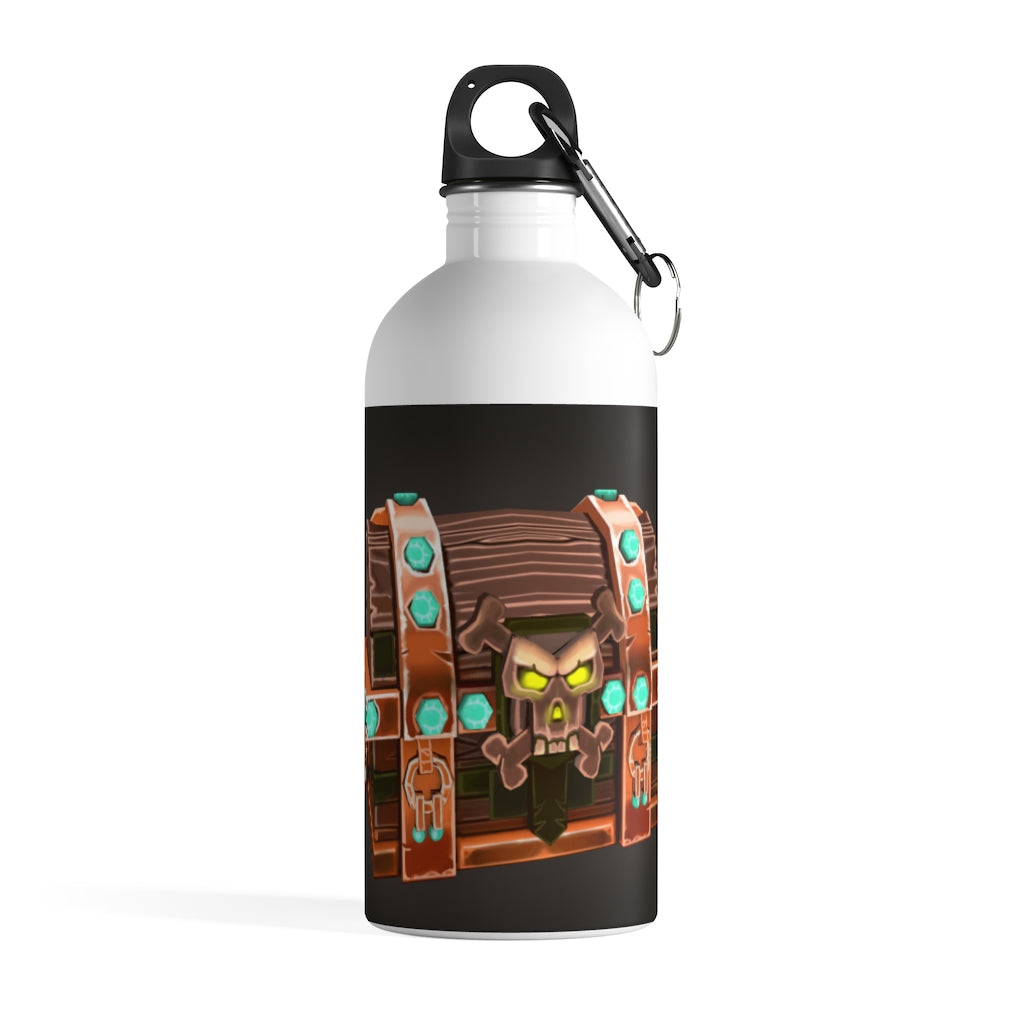 Bone Chest Stainless Steel Water Bottle with a plastic screw top and carabiner, showcasing its sleek design and quality print.