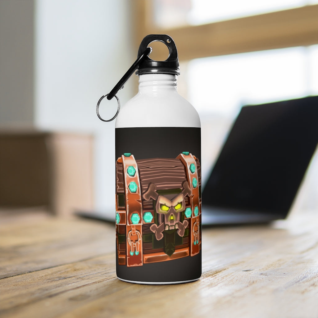 Bone Chest Stainless Steel Water Bottle with a plastic screw top and carabiner, showcasing its sleek design and quality print.