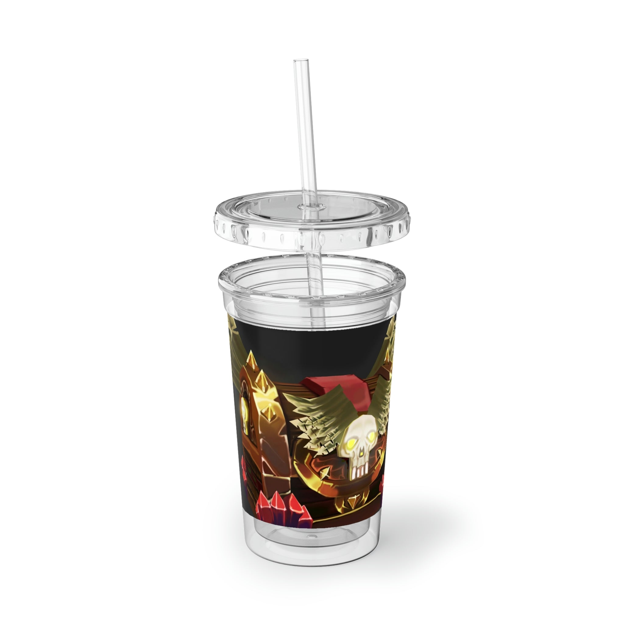 Bone Chest Suave Acrylic Cup with double-wall insulation, featuring a plastic lid and straw, perfect for hot and cold beverages.