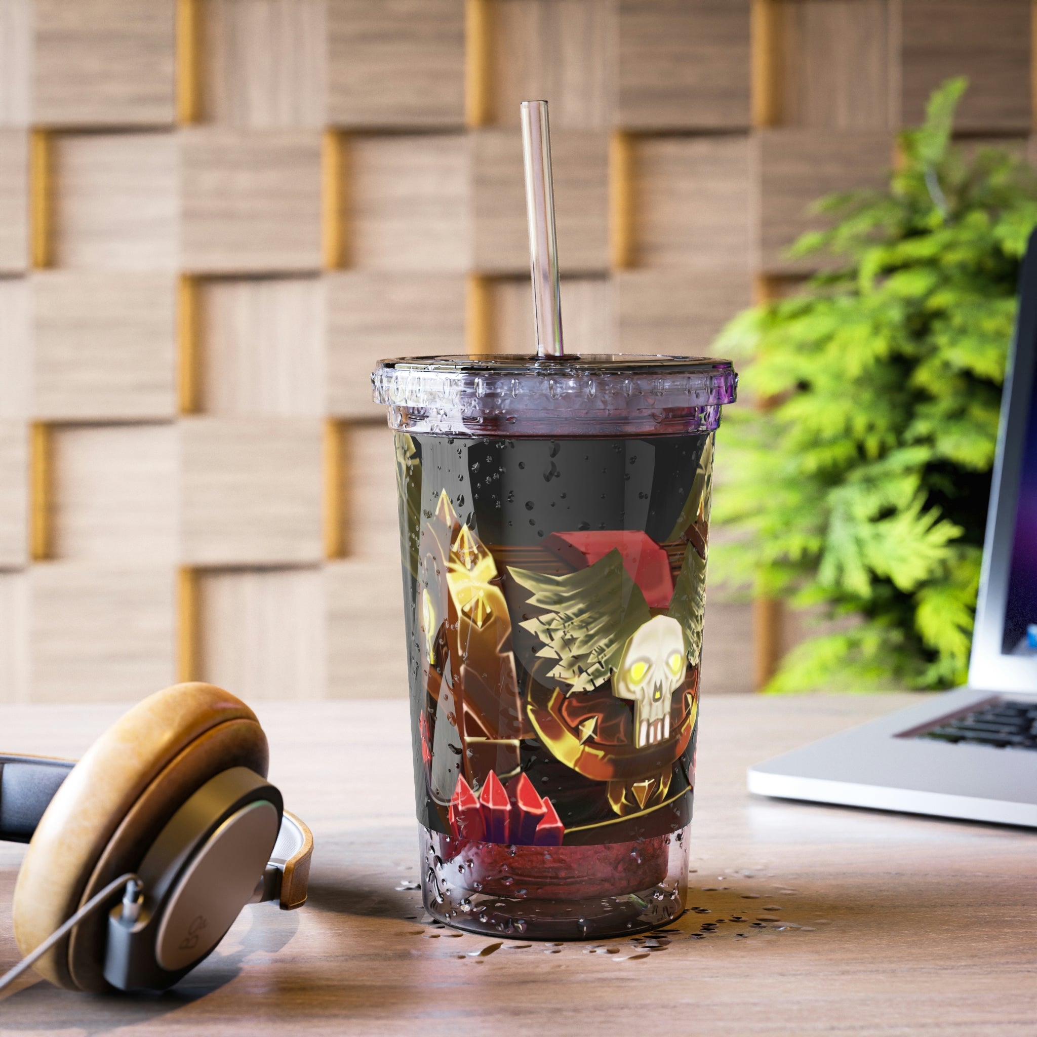 Bone Chest Suave Acrylic Cup with double-wall insulation, featuring a plastic lid and straw, perfect for hot and cold beverages.