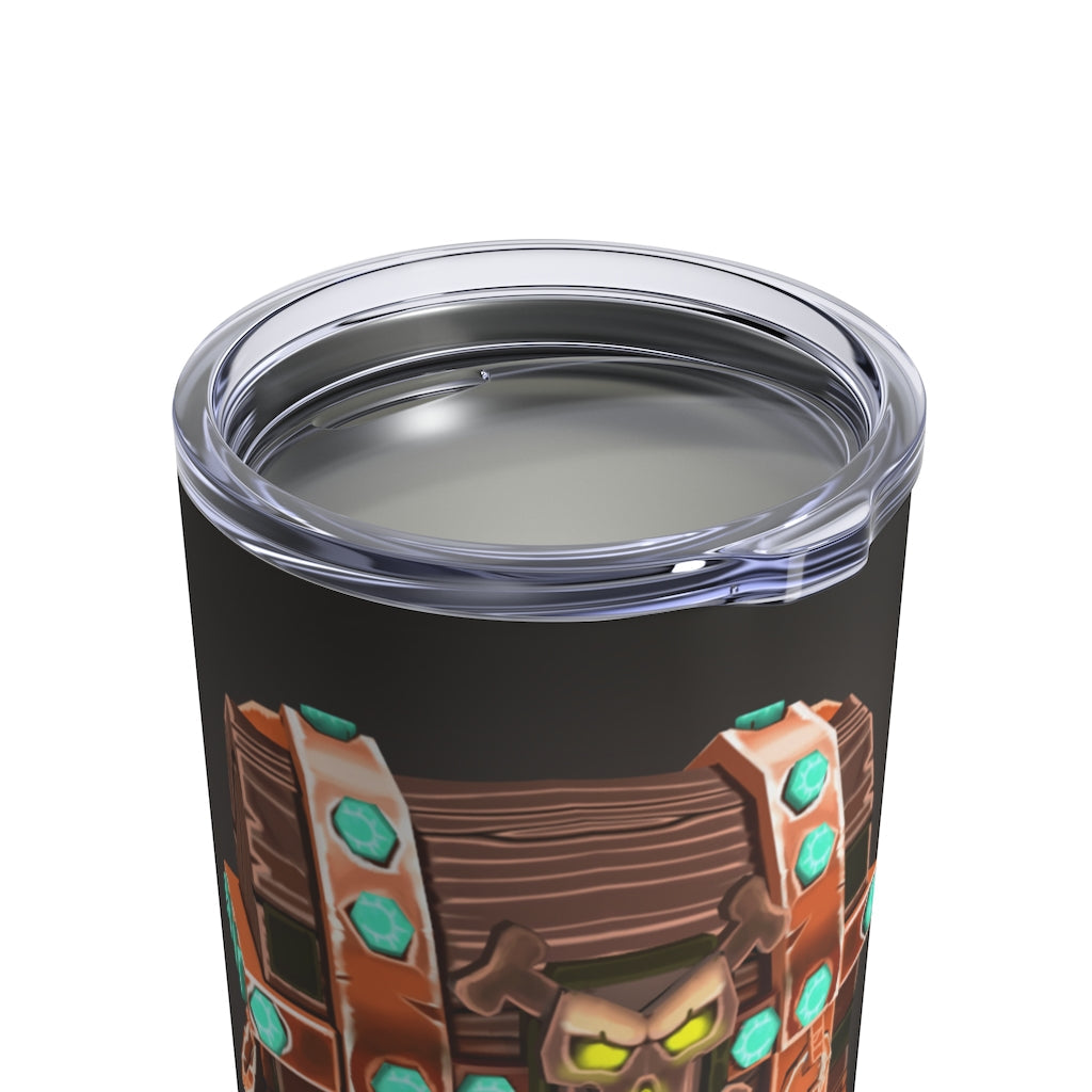 Bone Chest Tumbler 10oz made of stainless steel with a see-thru plastic lid, showcasing its sleek design and rounded corners.