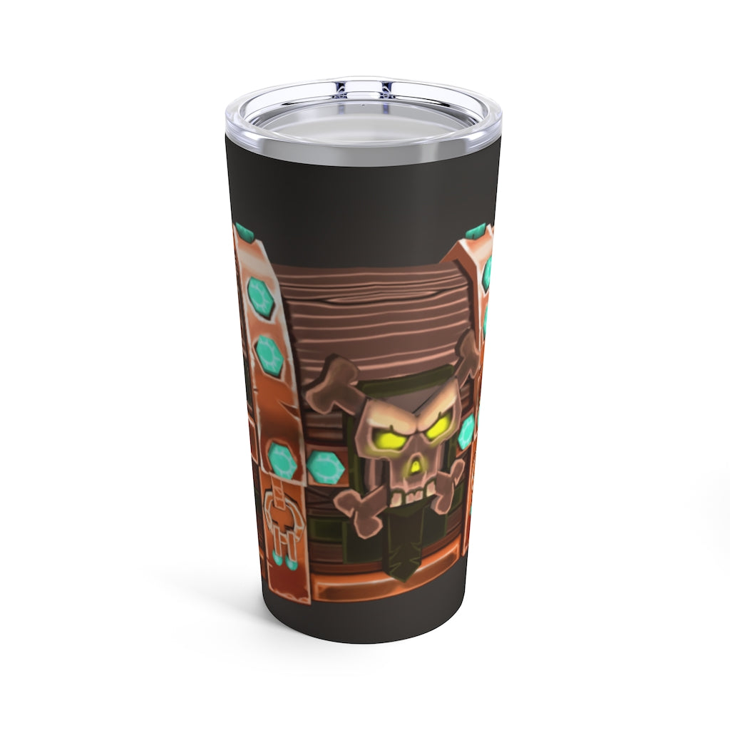 Bone Chest Tumbler 20oz in stainless steel with a see-thru plastic lid, showcasing its sleek design and vacuum-insulated features.