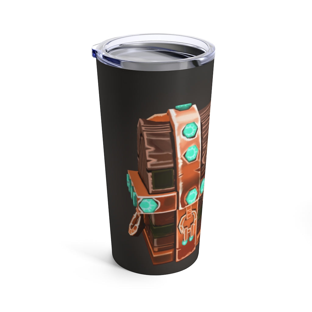 Bone Chest Tumbler 20oz in stainless steel with a see-thru plastic lid, showcasing its sleek design and vacuum-insulated features.