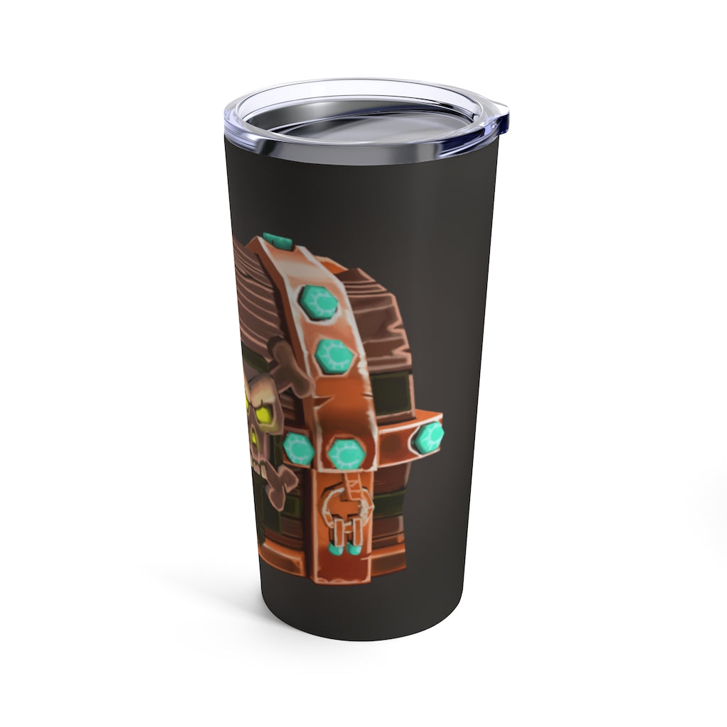 Bone Chest Tumbler 20oz in stainless steel with a see-thru plastic lid, showcasing its sleek design and vacuum-insulated features.