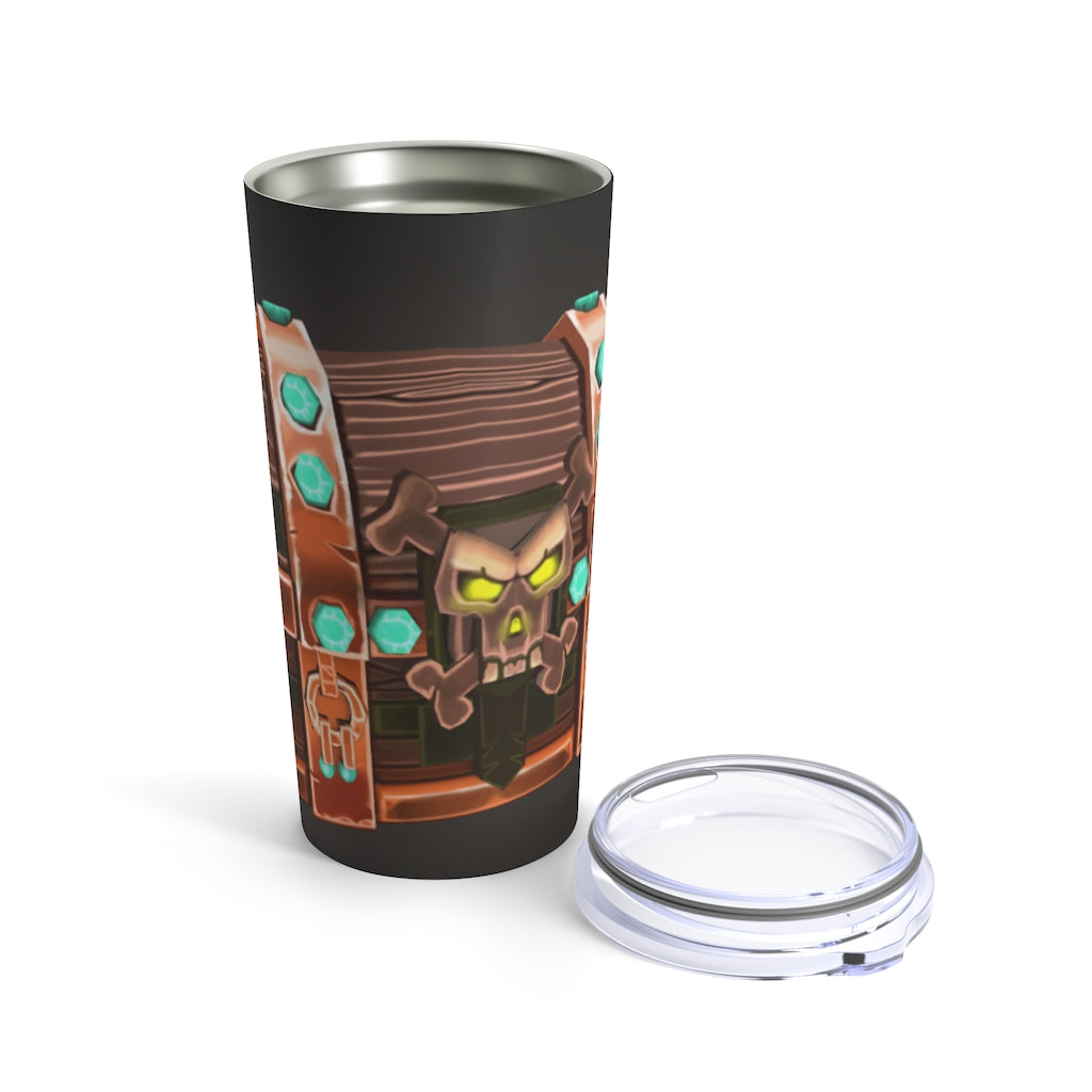 Bone Chest Tumbler 20oz in stainless steel with a see-thru plastic lid, showcasing its sleek design and vacuum-insulated features.