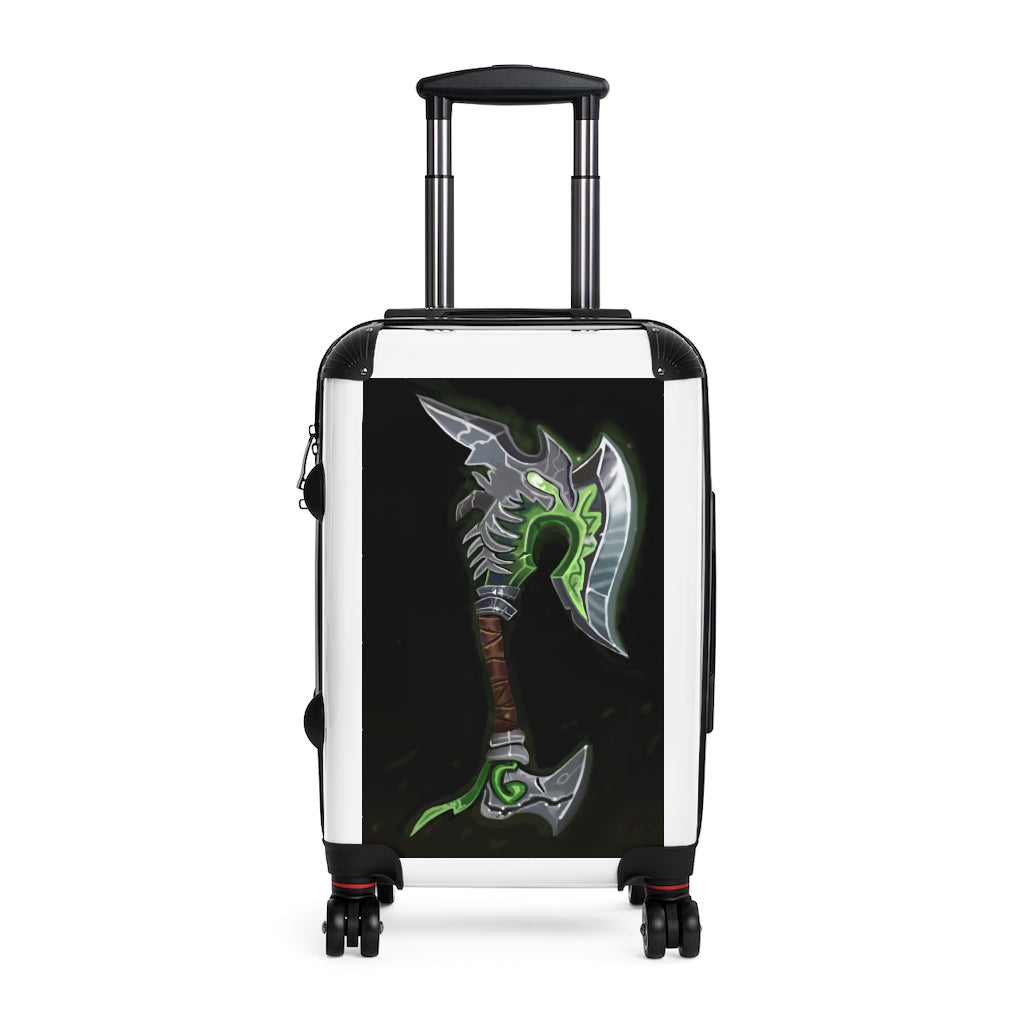 Bone Crusher Scythe Cabin Suitcase featuring personalized faux leather design, adjustable handle, and double wheels for easy travel.