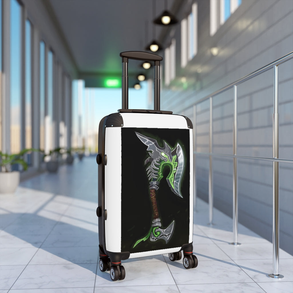 Bone Crusher Scythe Cabin Suitcase featuring personalized faux leather design, adjustable handle, and double wheels for easy travel.