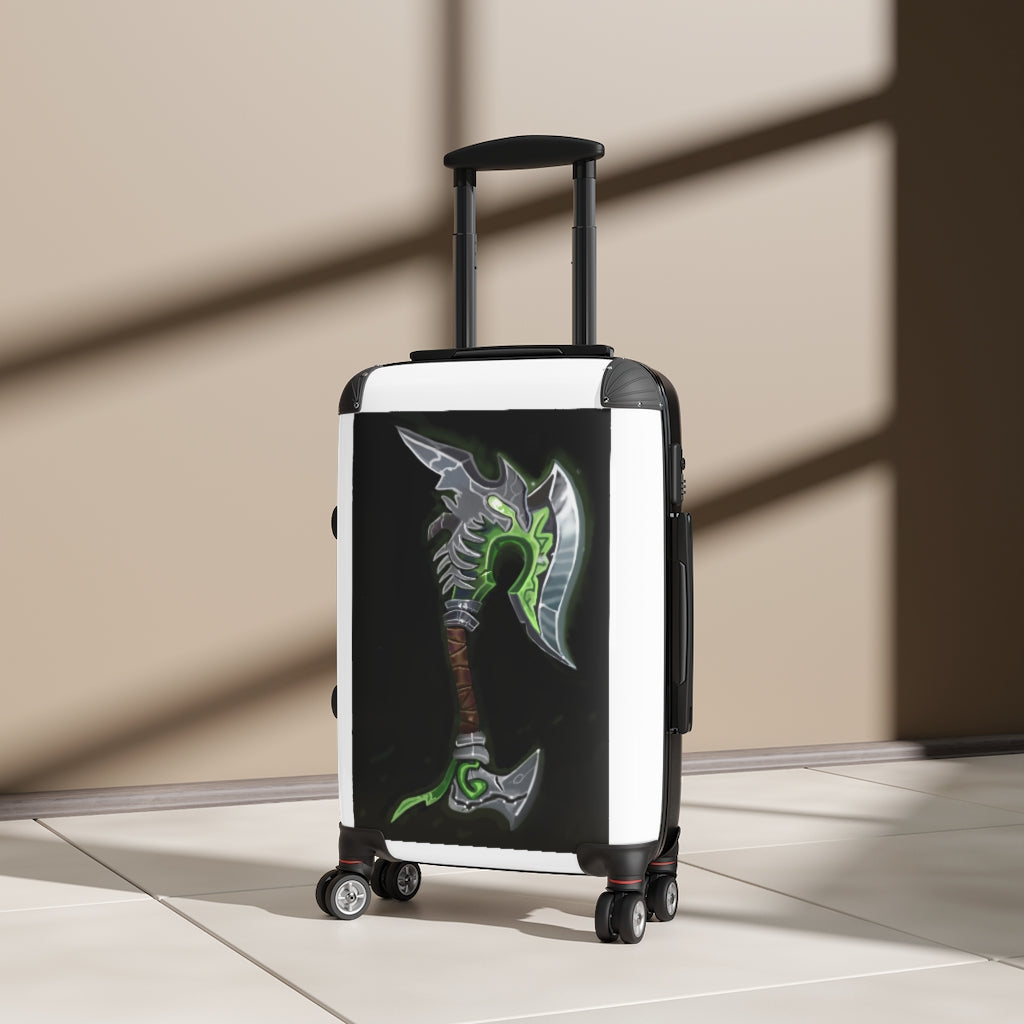 Bone Crusher Scythe Cabin Suitcase featuring personalized faux leather design, adjustable handle, and double wheels for easy travel.