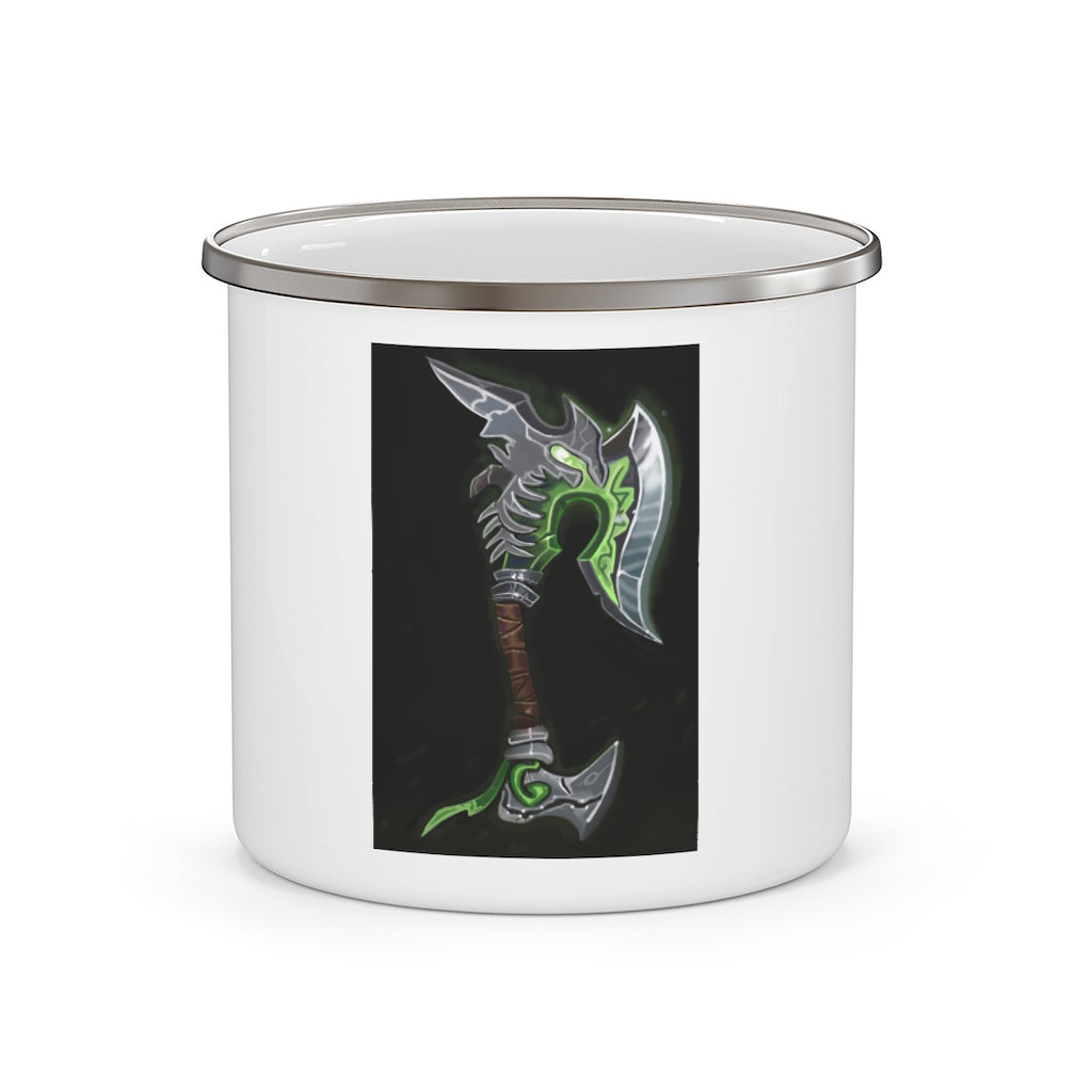 Bone Crusher Scythe Enamel Camping Mug with a stylish design, perfect for outdoor adventures and personalized printing.