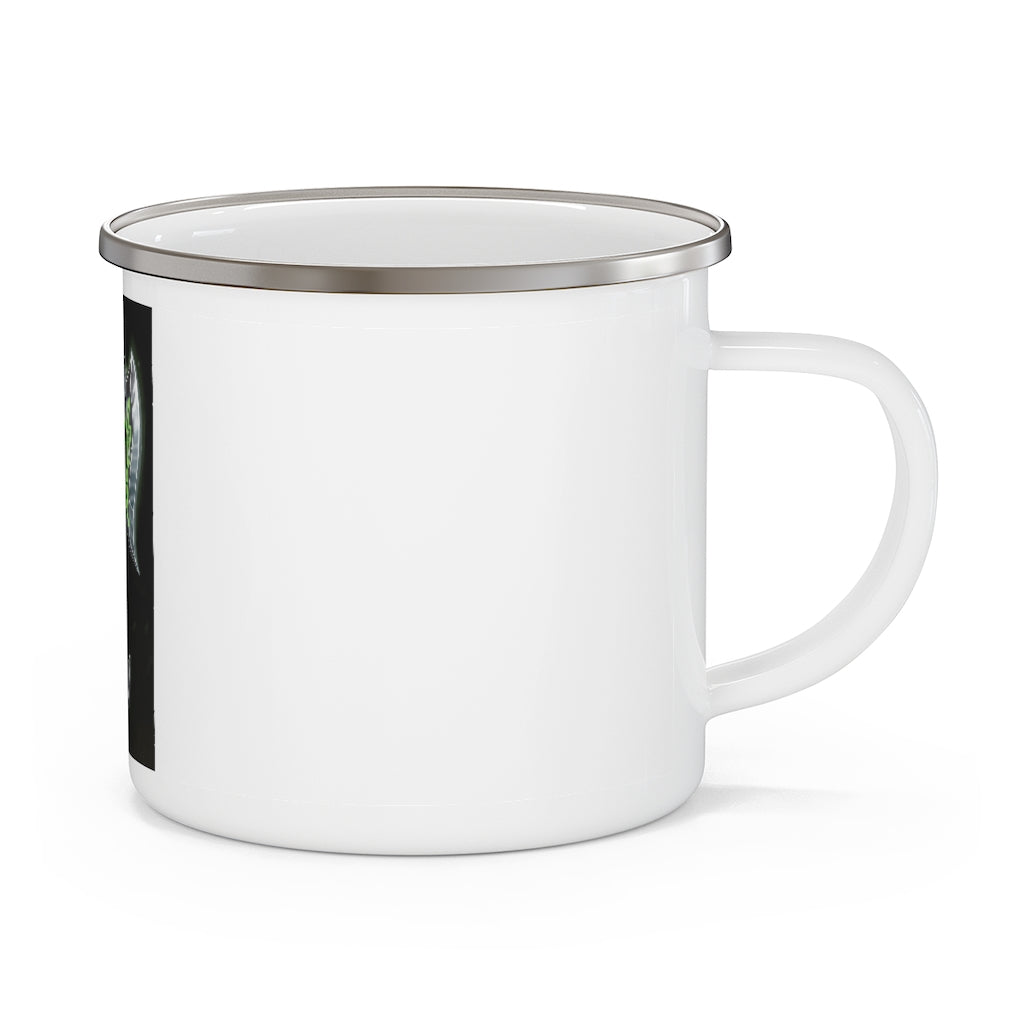 Bone Crusher Scythe Enamel Camping Mug with a stylish design, perfect for outdoor adventures and personalized printing.