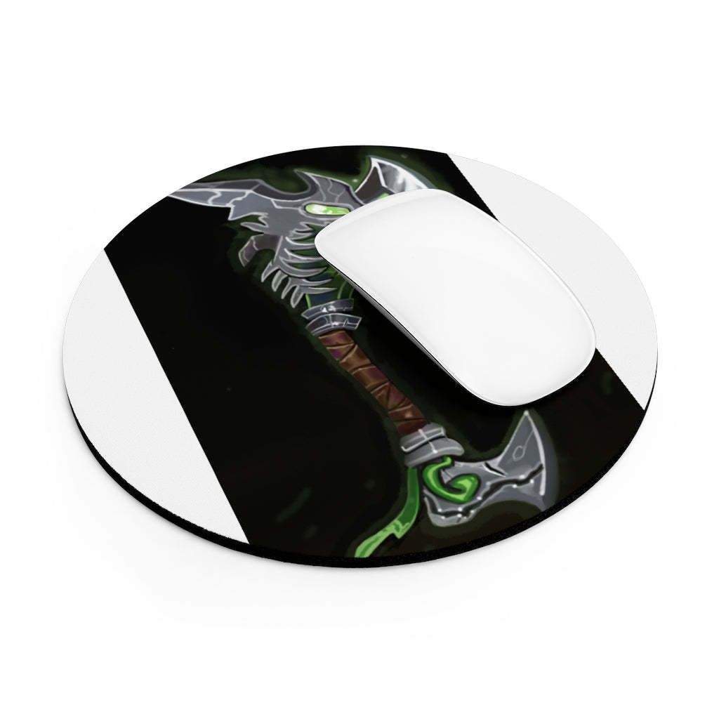 Bone Crusher Scythe Mouse Pad in round and rectangular shapes with vibrant design and non-slip rubber bottom.