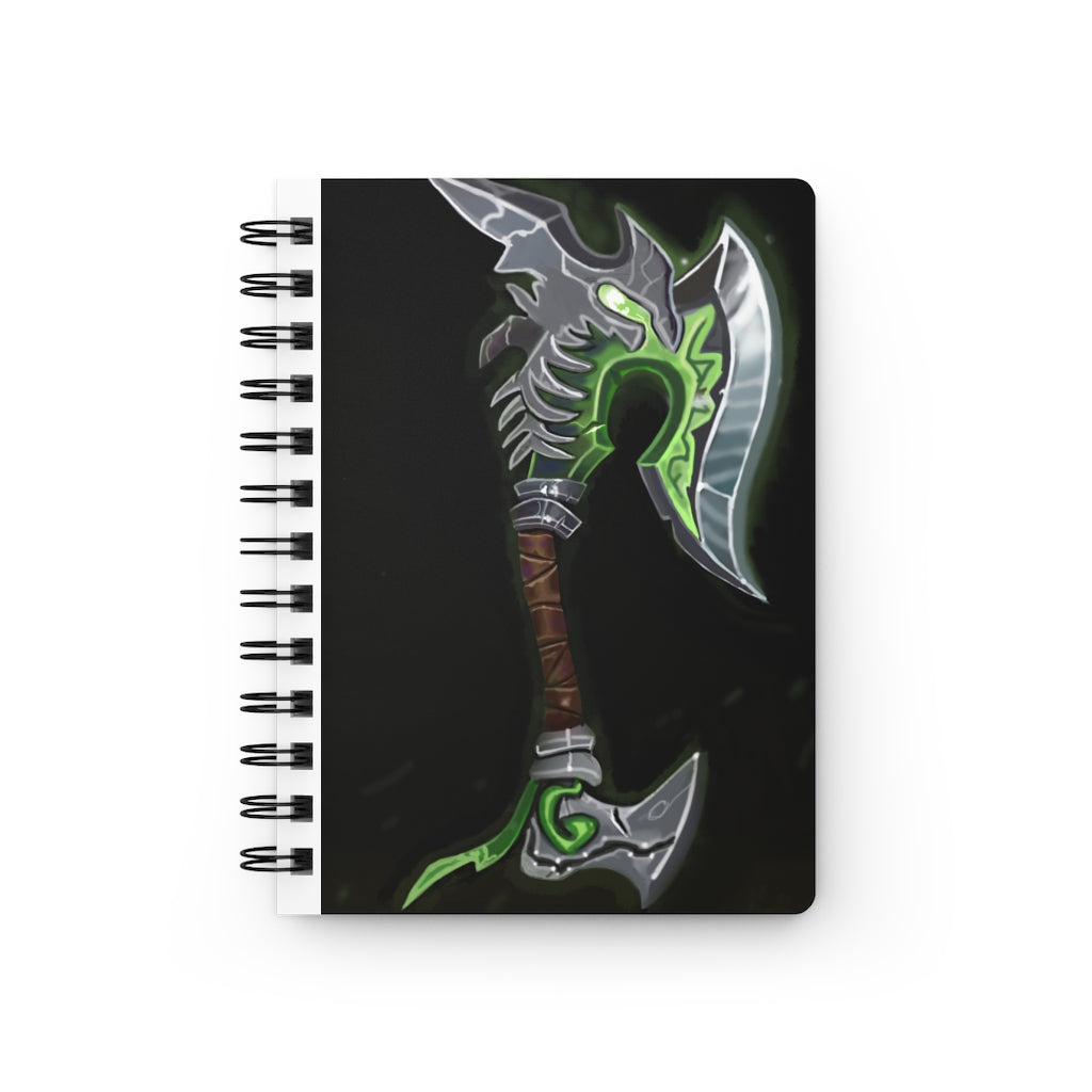 Bone Crusher Scythe Spiral Bound Journal with a glossy laminated cover featuring a unique design, showcasing its 5x7 size and lined pages.