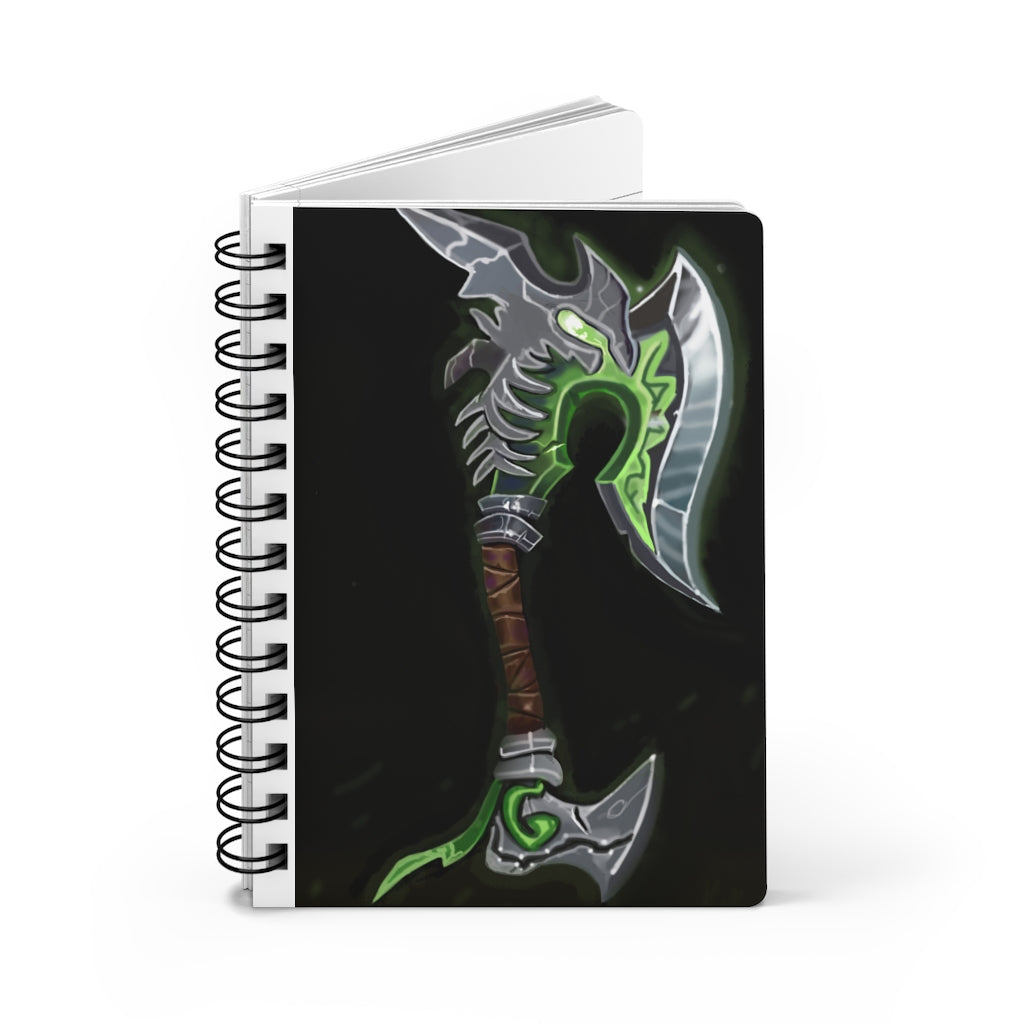 Bone Crusher Scythe Spiral Bound Journal with a glossy laminated cover featuring a unique design, showcasing its 5x7 size and lined pages.