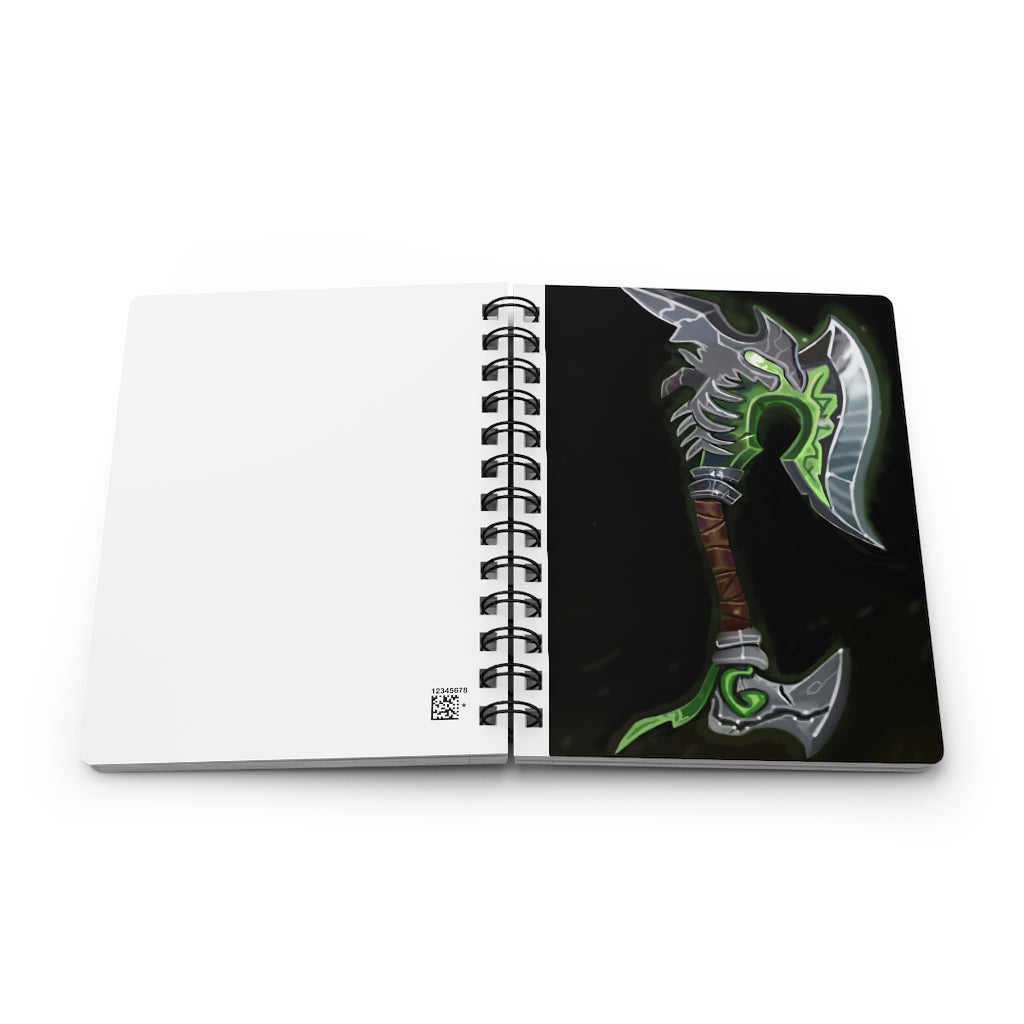 Bone Crusher Scythe Spiral Bound Journal with a glossy laminated cover featuring a unique design, showcasing its 5x7 size and lined pages.