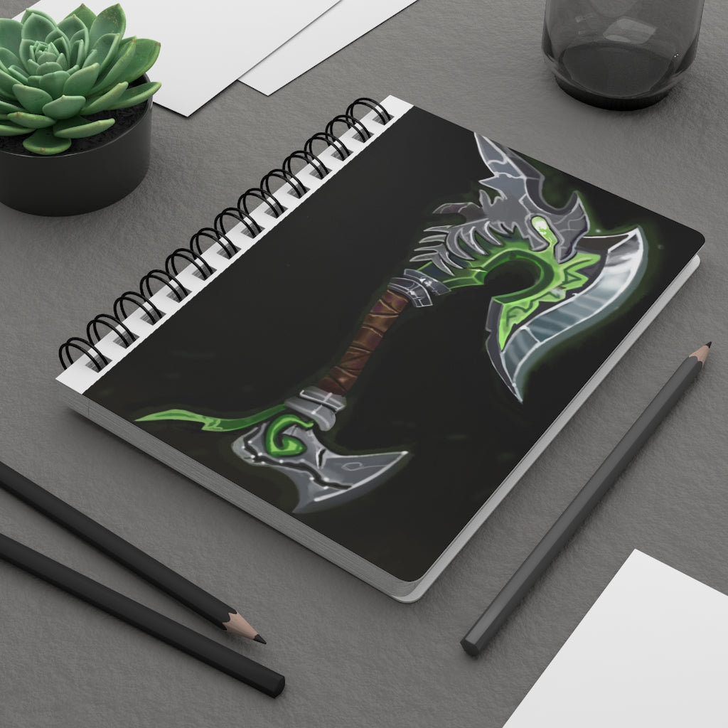 Bone Crusher Scythe Spiral Bound Journal with a glossy laminated cover featuring a unique design, showcasing its 5x7 size and lined pages.