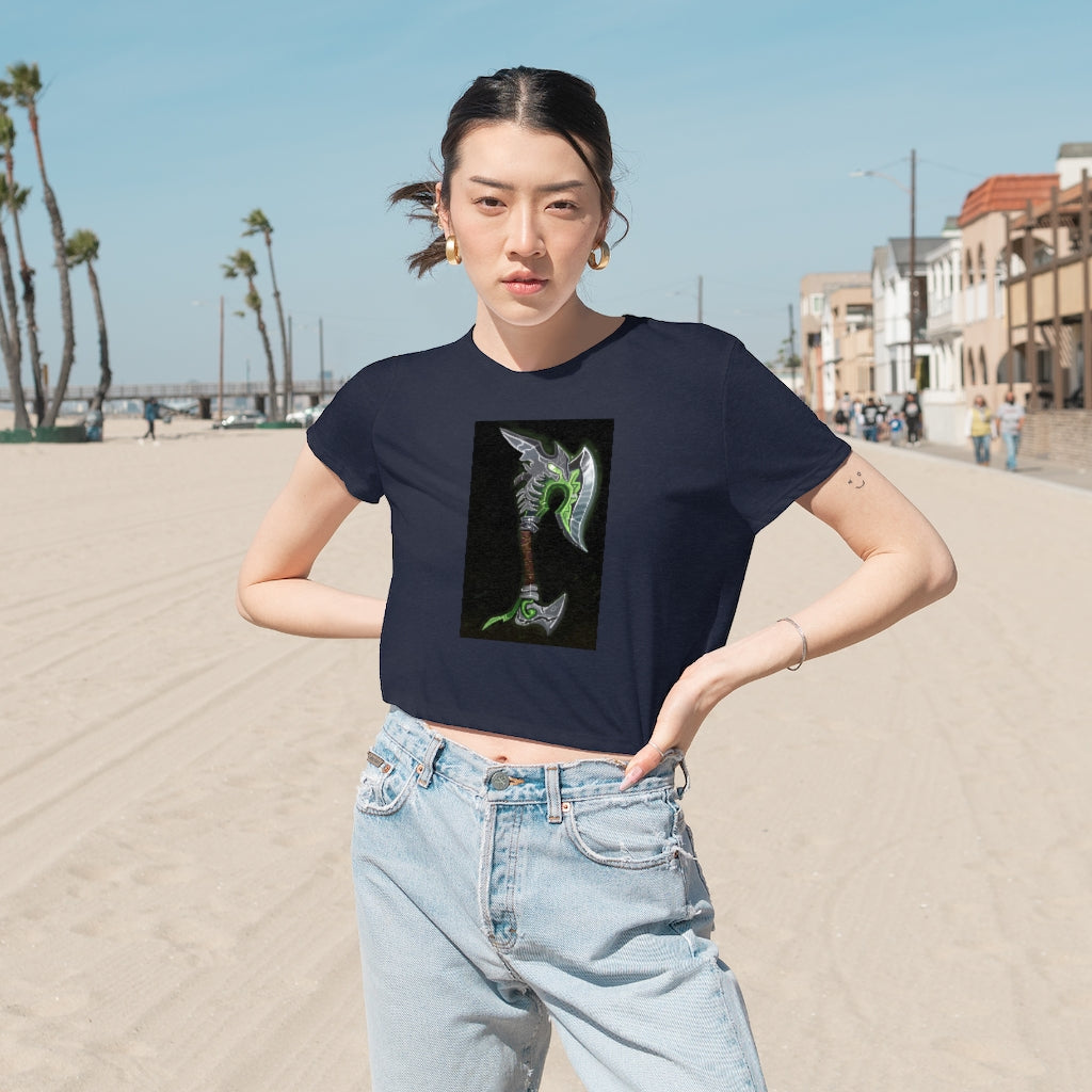 Bone Crusher Scythe Women's Flowy Cropped Tee in a stylish design, showcasing its soft fabric and modest crop fit.