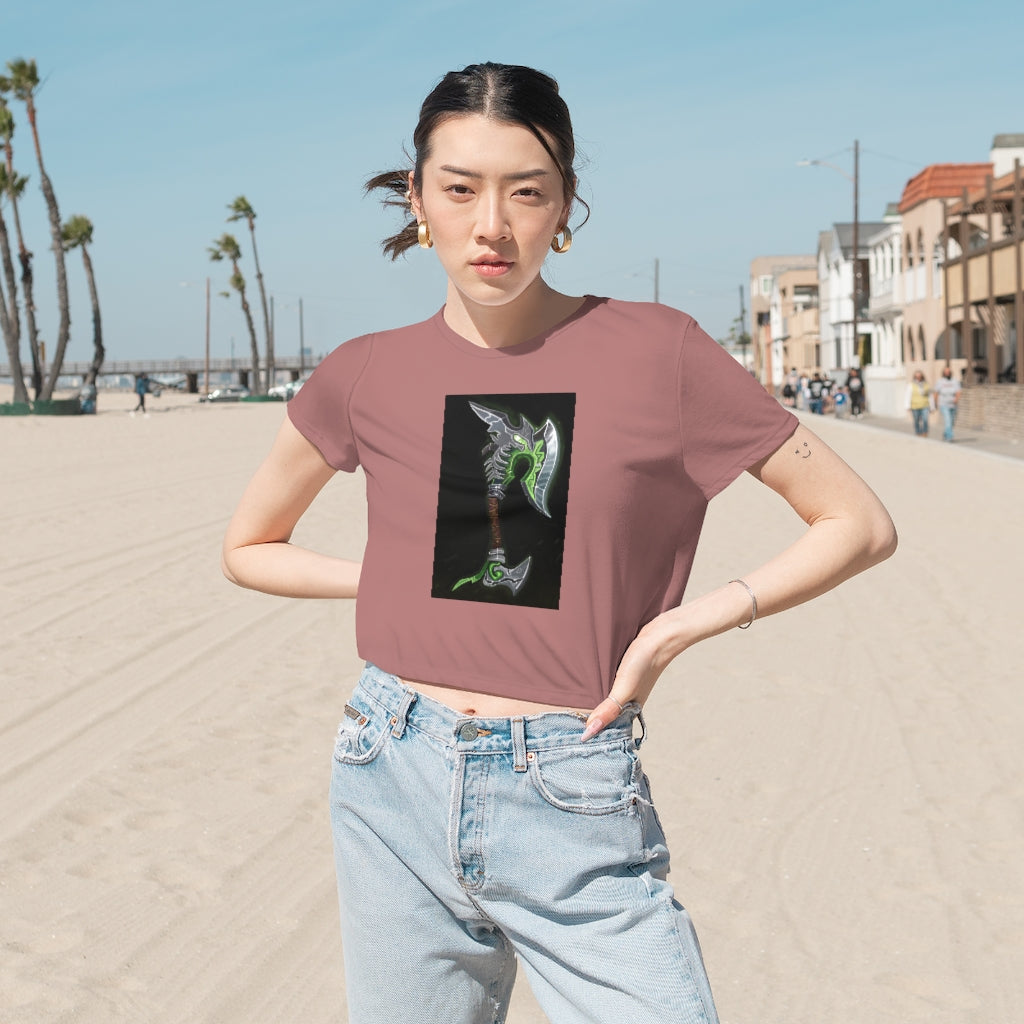 Bone Crusher Scythe Women's Flowy Cropped Tee in a stylish design, showcasing its soft fabric and modest crop fit.