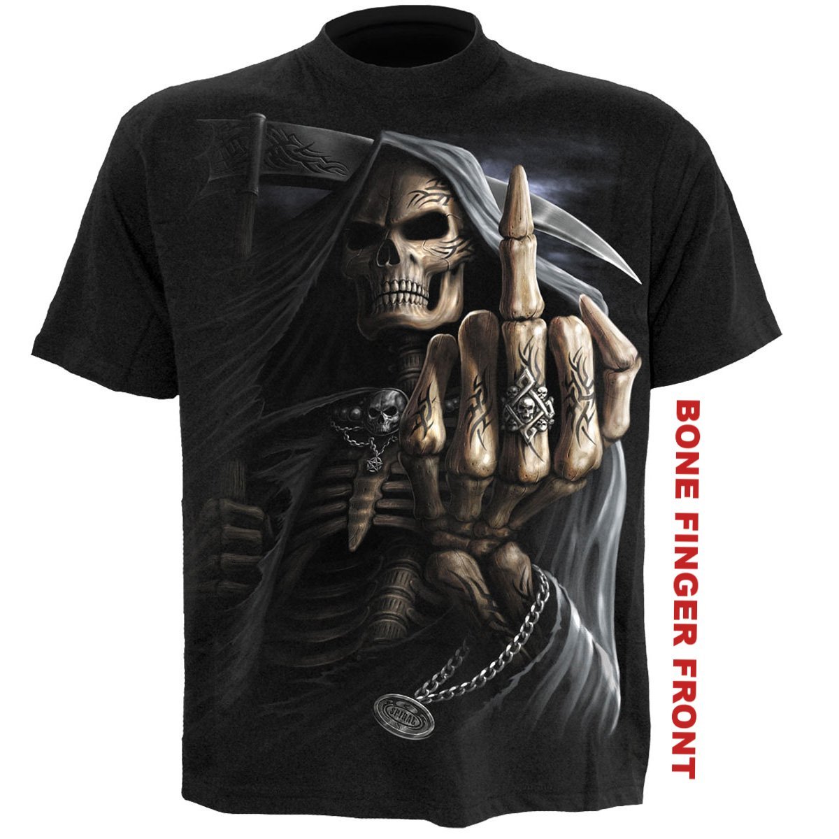 Black BONE FINGER T-Shirt featuring a Grim Reaper skeleton design with a raised middle finger and back print of the reaper cracking knuckles.