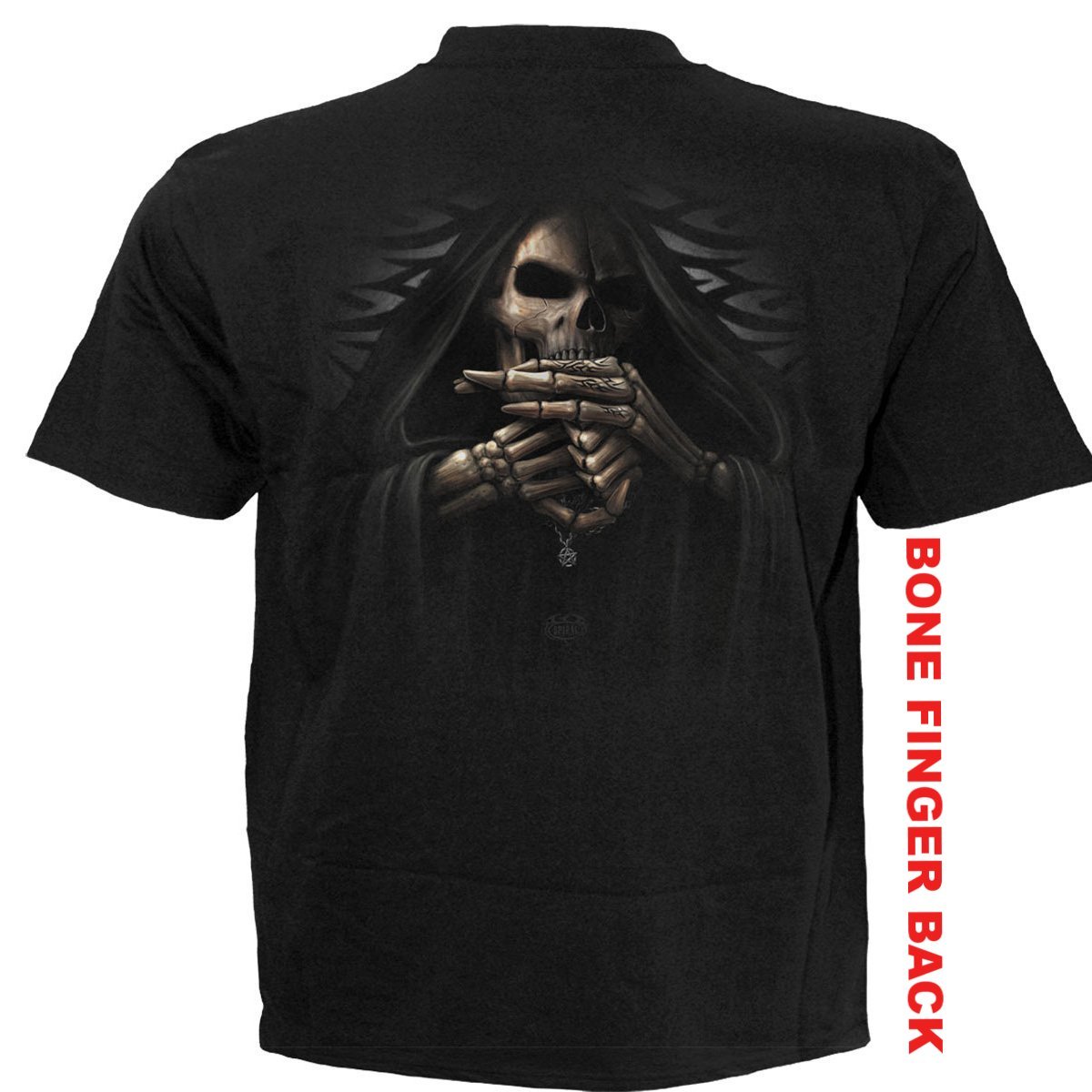 Black BONE FINGER T-Shirt featuring a Grim Reaper skeleton design with a raised middle finger and back print of the reaper cracking knuckles.