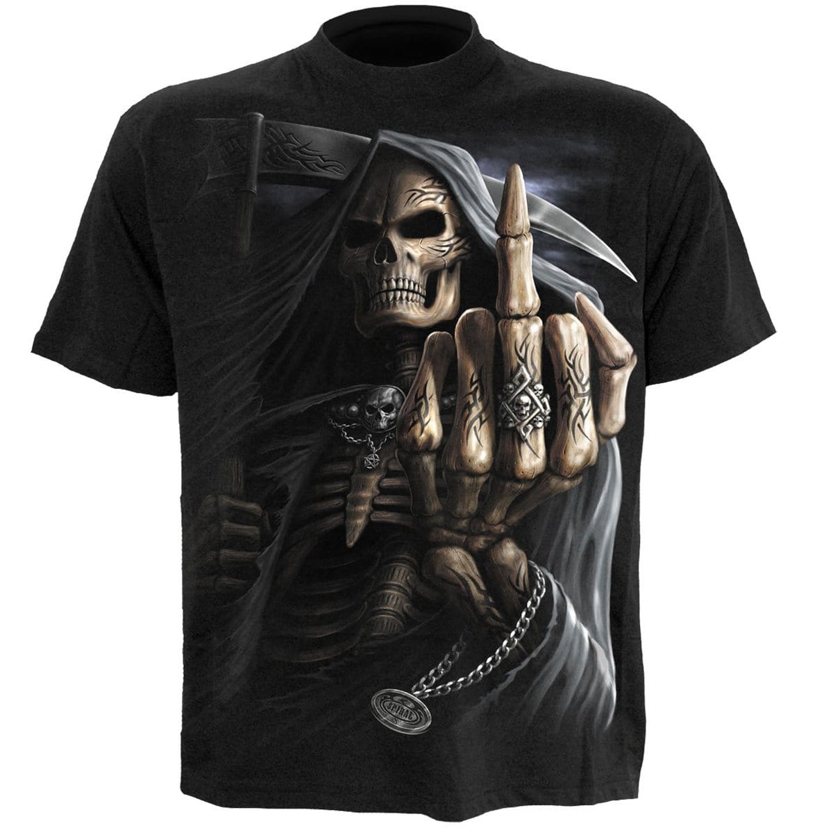 Black BONE FINGER T-Shirt featuring a Grim Reaper skeleton design with a raised middle finger and back print of the reaper cracking knuckles.