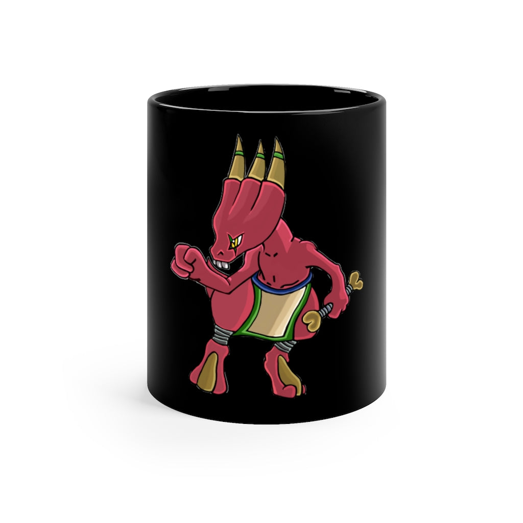 Bonegar 11oz black ceramic mug with a C-handle, perfect for coffee, tea, or hot chocolate, showcasing customizable designs.