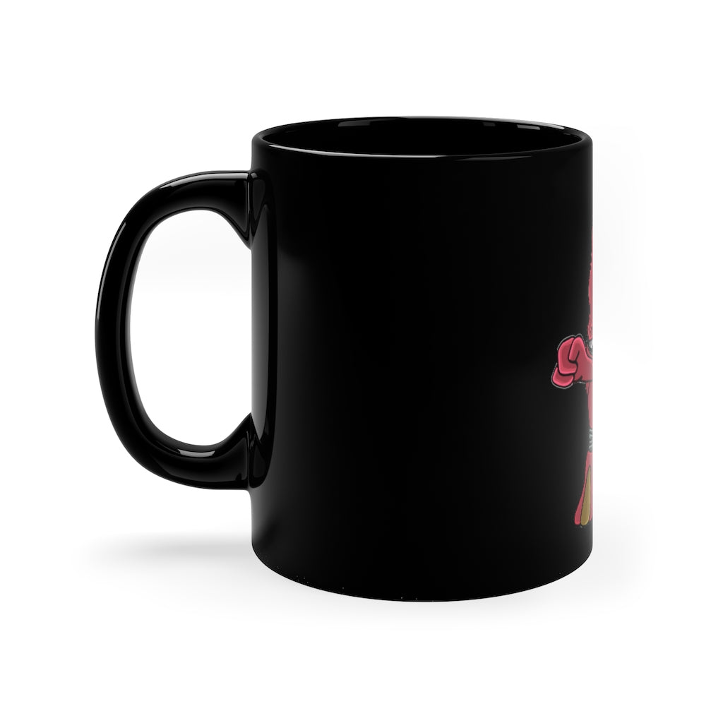 Bonegar 11oz black ceramic mug with a C-handle, perfect for coffee, tea, or hot chocolate, showcasing customizable designs.