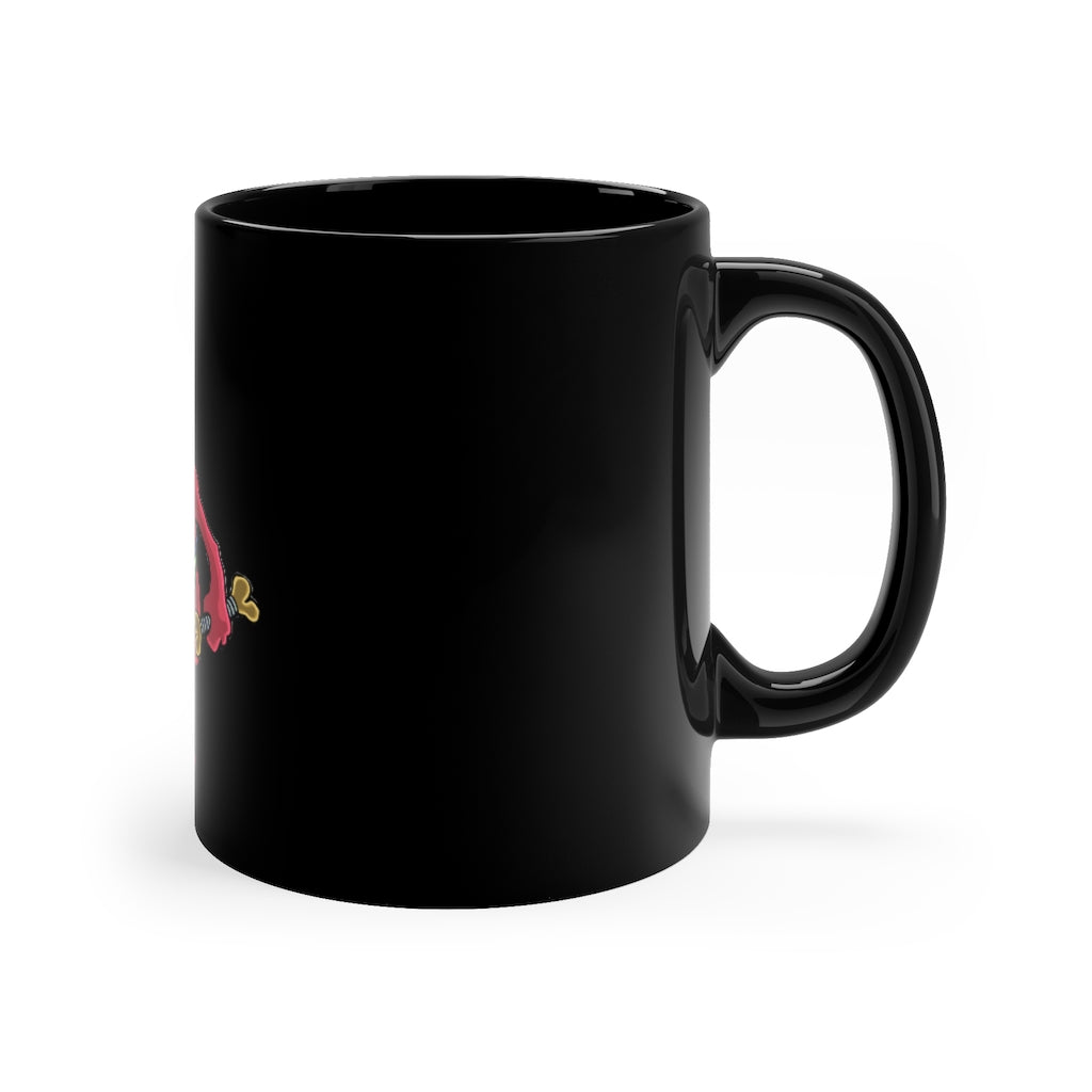 Bonegar 11oz black ceramic mug with a C-handle, perfect for coffee, tea, or hot chocolate, showcasing customizable designs.